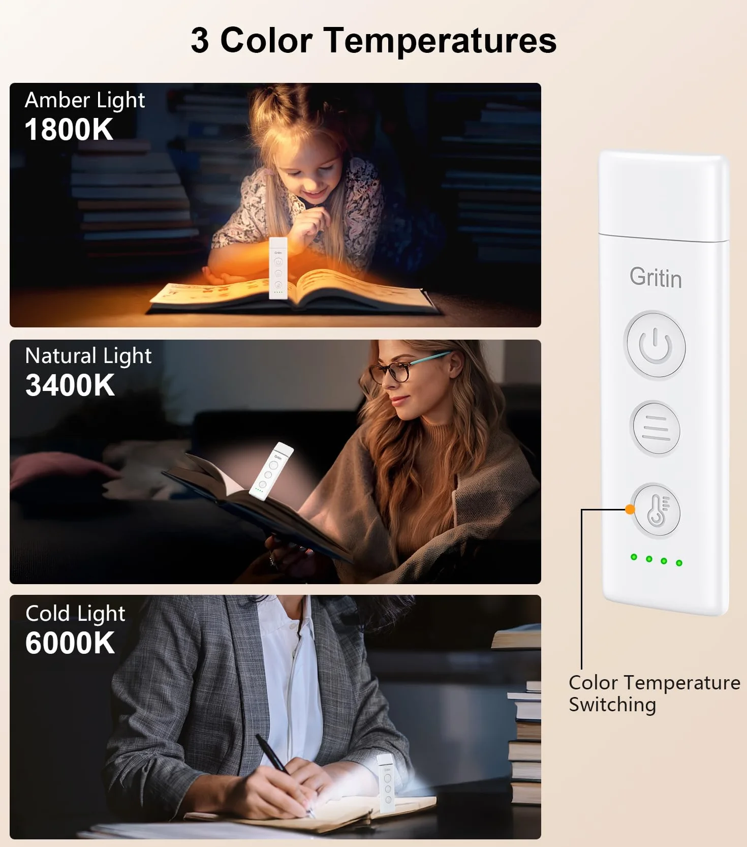 Gritin Lampe de Lecture Rechargeable, Liseuse Lampe Clip, 3 Couleurs Protection des Yeux, 5 Luminosités Réglables, Compacte et Durable