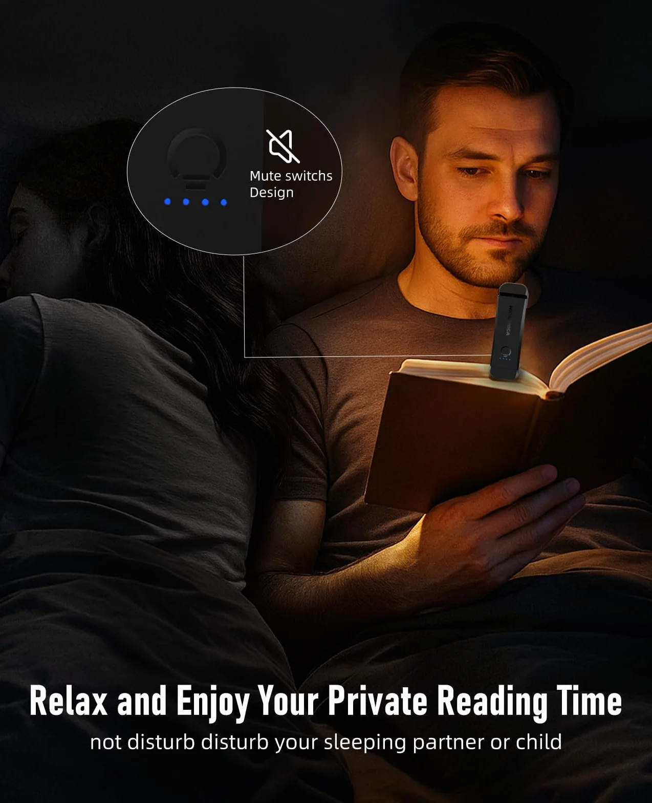 Lampe de Lecture Rechargeable, 3 Couleurs Chaudes et Gradation, Compacte et Durable, Noir