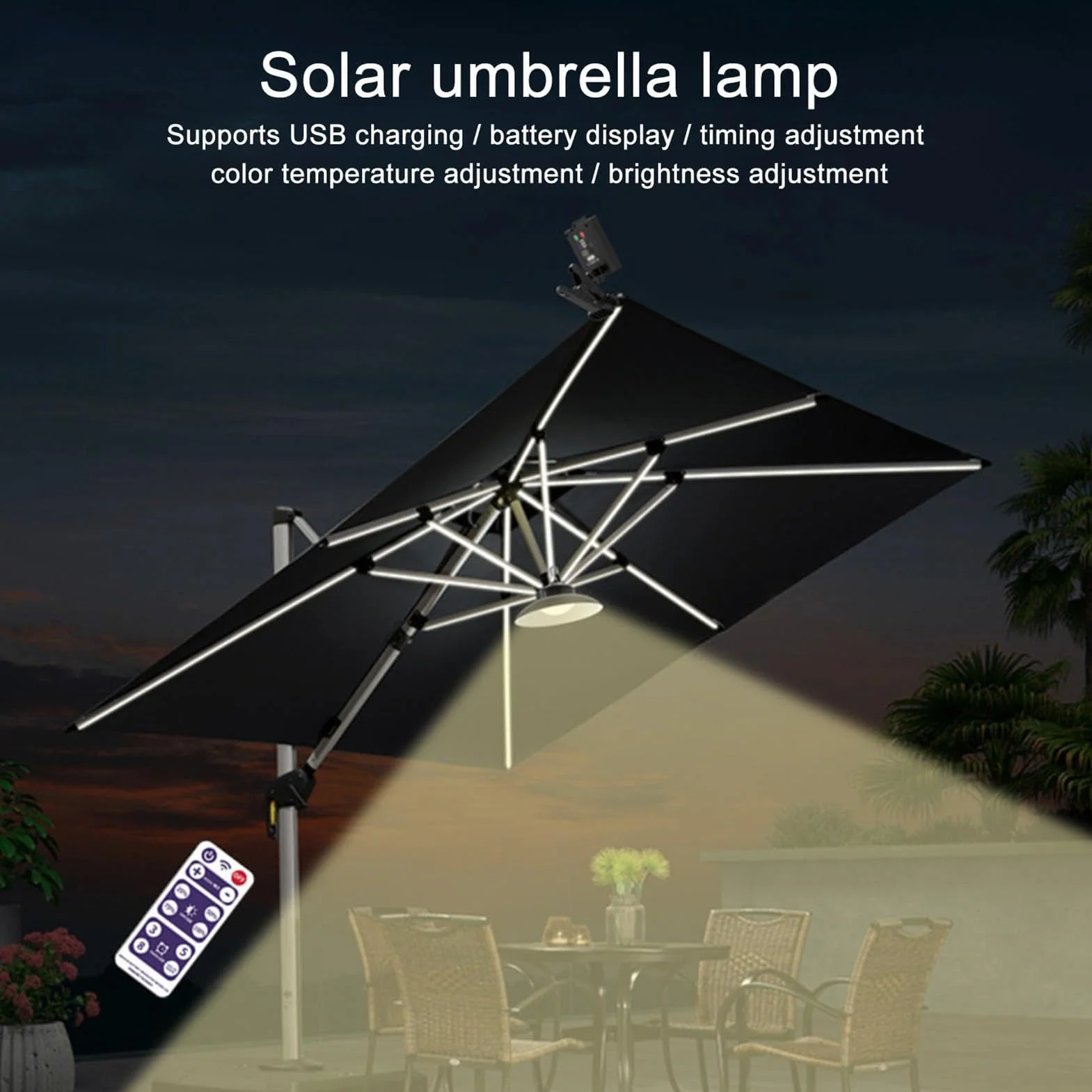 Lampe solaire pour parasol avec télécommande, étanche, LED rechargeable, clipser
