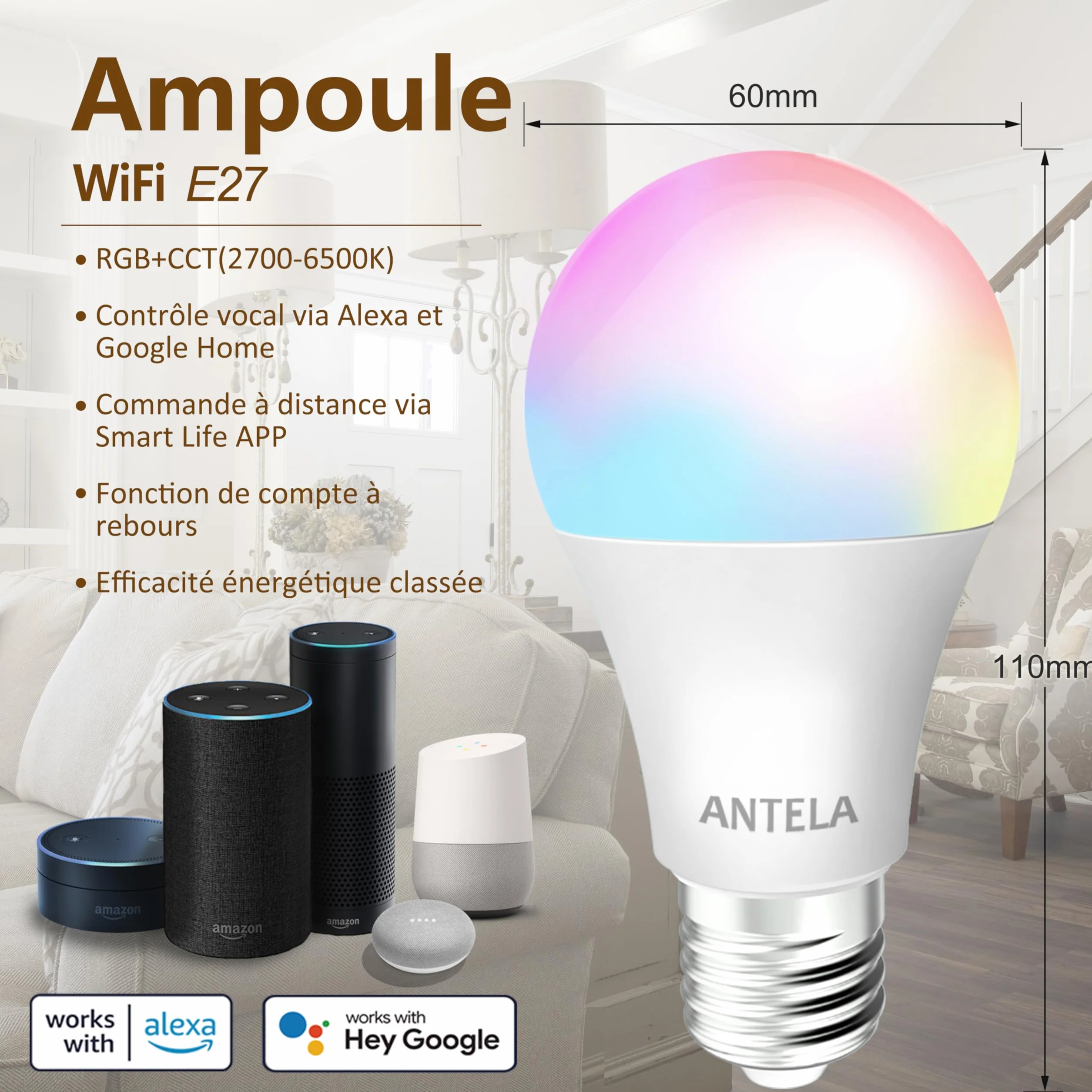 ANTELA Ampoule Connectée Wifi E27 LED Multicouleurs RGB CCT 2700K-6500K Compatible Alexa Google Home 4 PCS