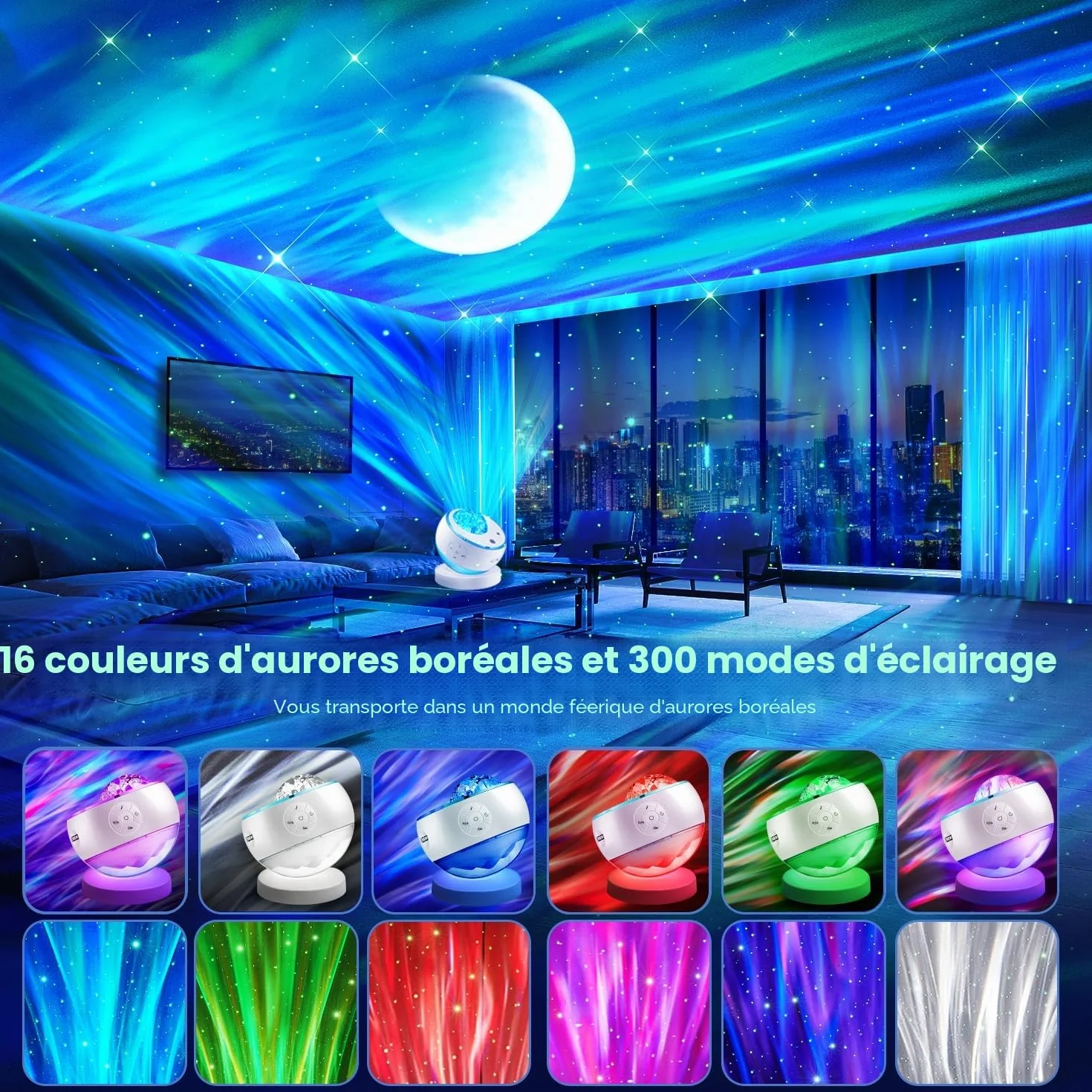 One Fire Projecteur Ciel Étoilé 300 Modes Galaxie Lampe Aurore Boréale Bluetooth Bruit Blanc LED Chambre Veilleuse