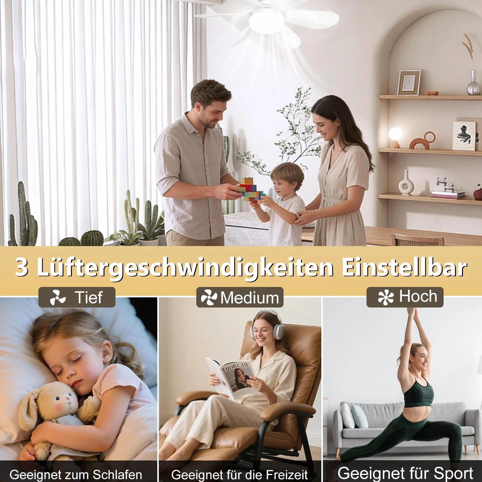 Ventilateur de Plafond avec Lumière et Télécommande 50cm LED E27 Dimmable Minuterie 3 Températures 3000K-6500K 3 Vitesses
