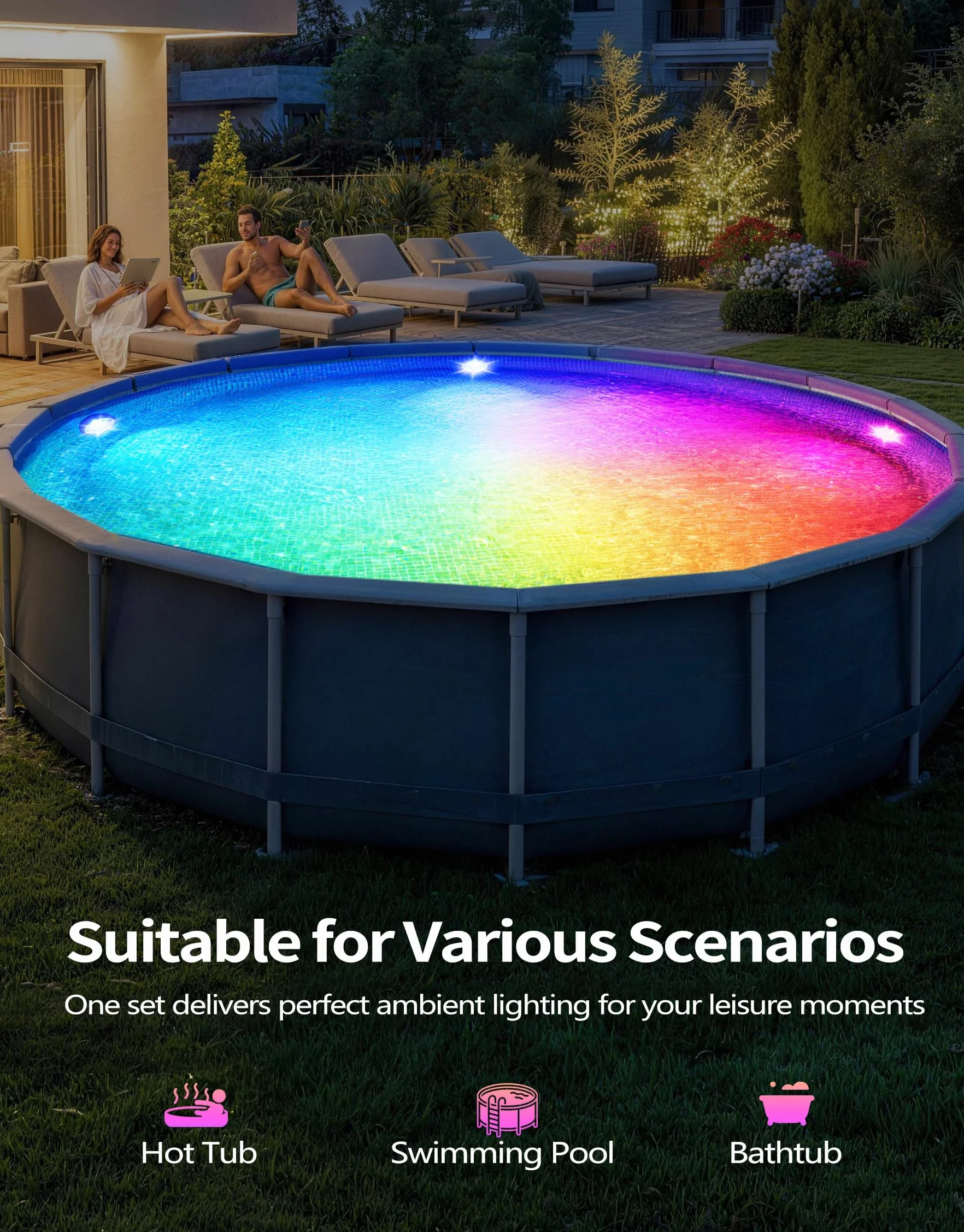 PoolLeader Éclairage Piscine Submersible Rechargeable avec Télécommande, Changement de Couleur, Aimant, Ventouses, 2 Pièces