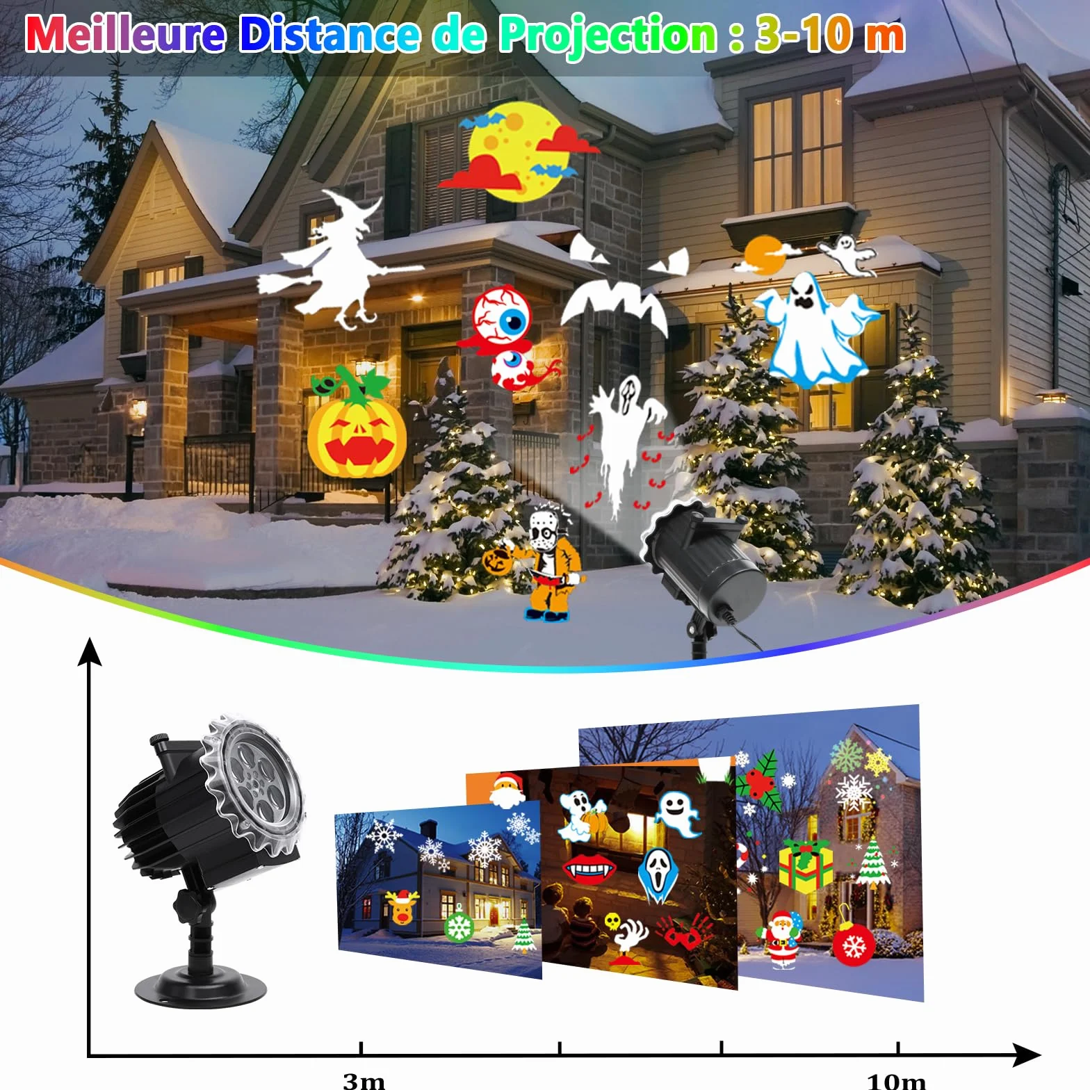 Projecteur Noël Extérieur Intérieur Étanche 12 HD Diapositives Télécommande Lampe Flocon Neige Décoration Halloween Anniversaire