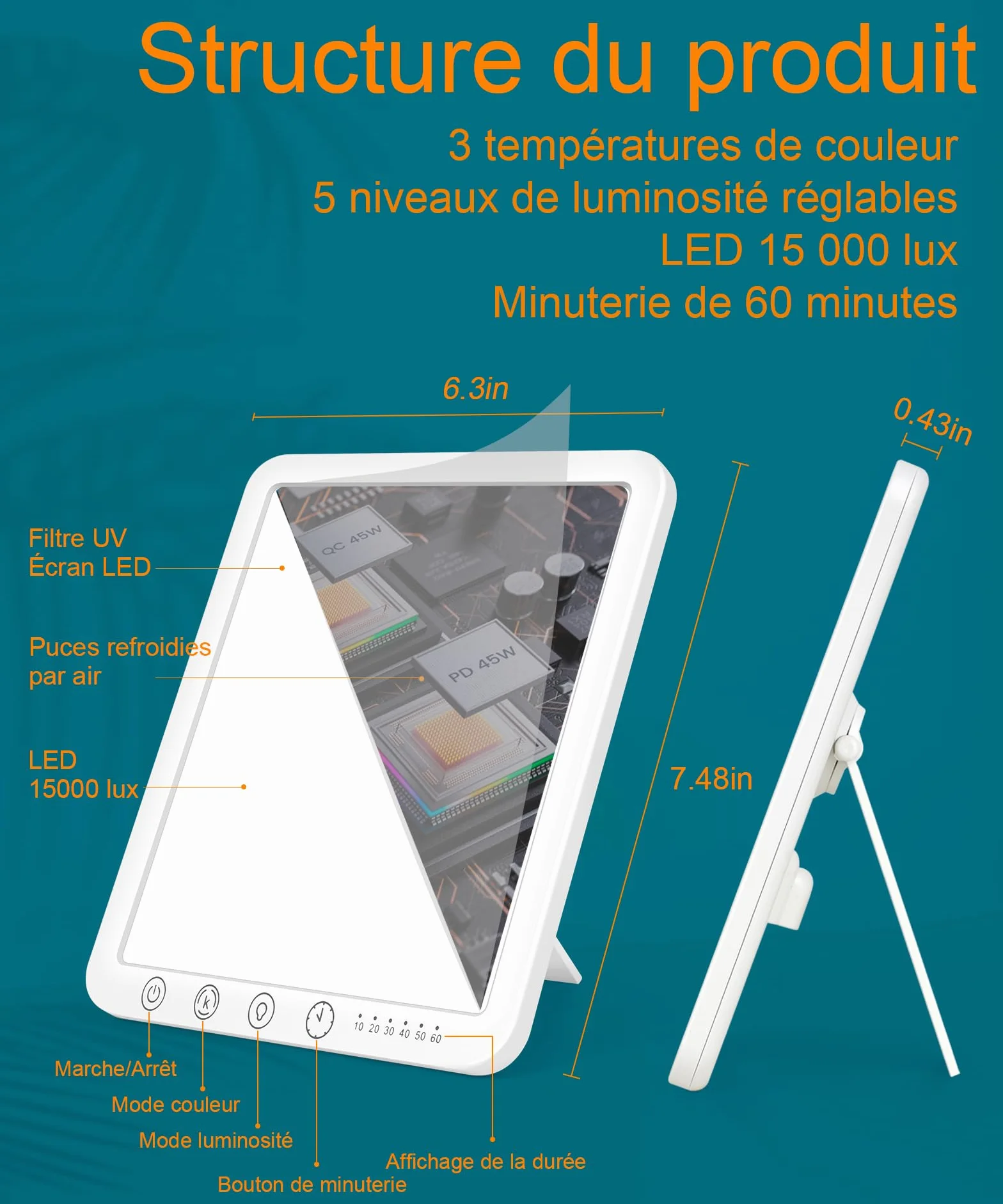 Lampe de Luminothérapie 15000 Lux, Simulation Lumière du Jour, 3 Températures de Couleur, 5 Niveaux de Luminosité, 6 Minuterie