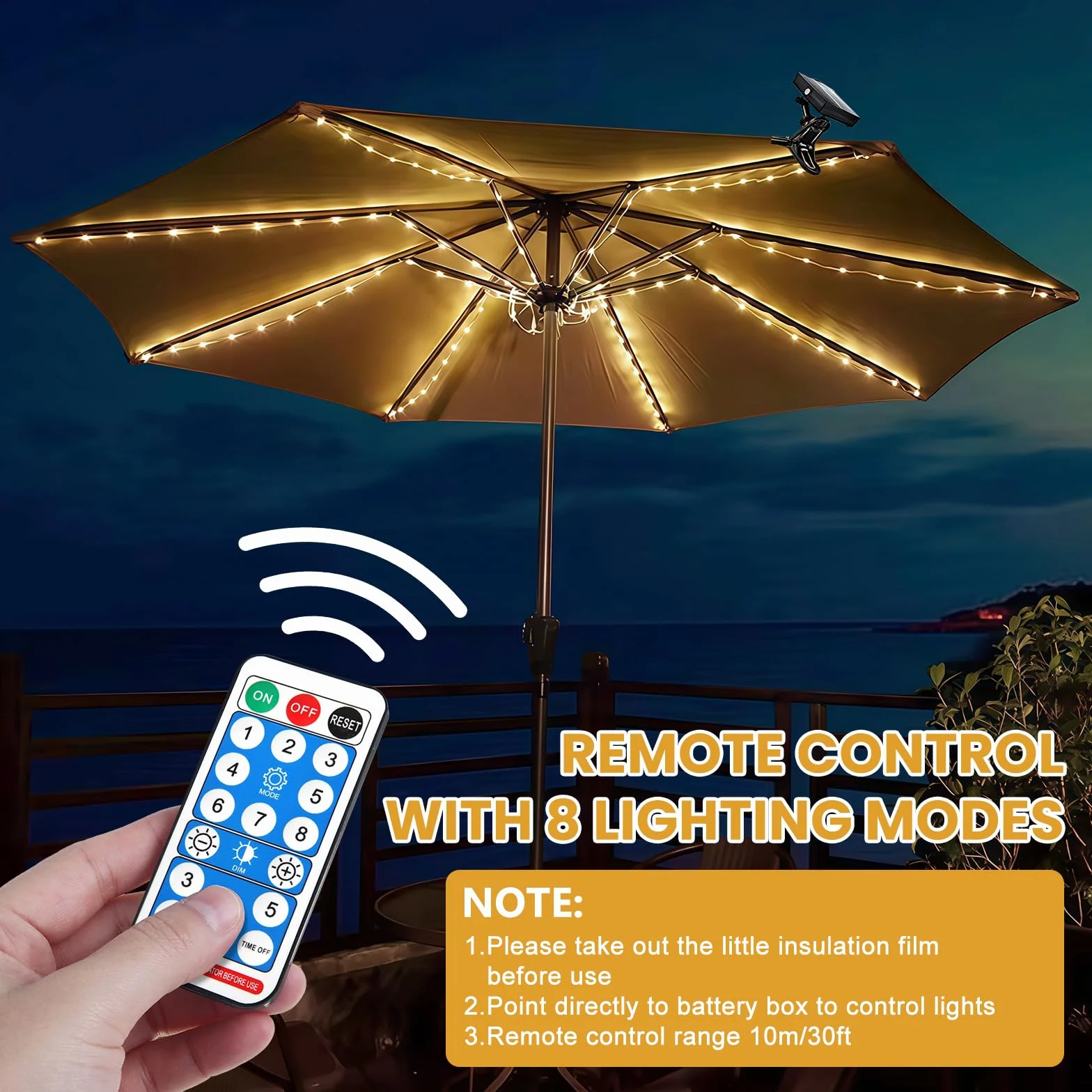 Guirlande Lumineuse Solaire Parasol Télécommande 8 Modes 104 LED IP67