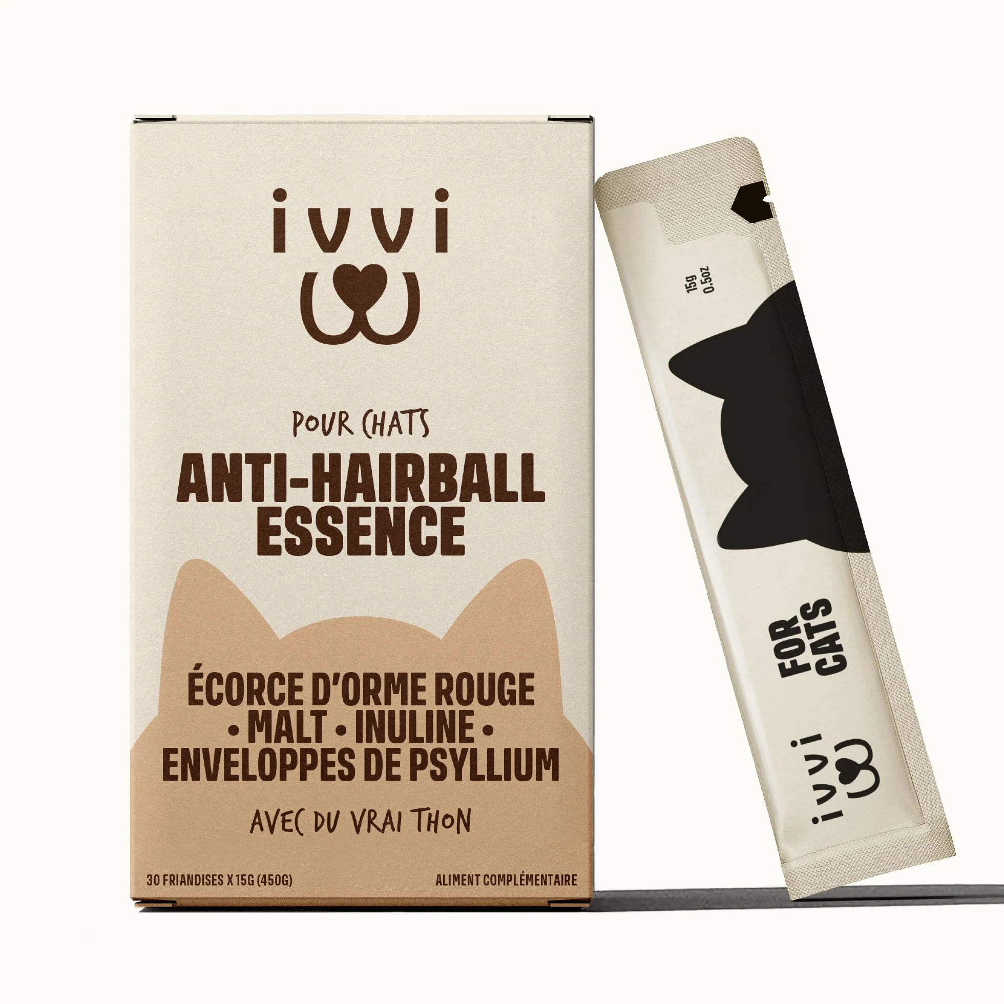 ivvi Anti-Boules de Poils Essence pour Chats – Crème à Lécher avec Malt, Orme Rouge, Inuline & Psyllium – 30x15g au Vrai Thon