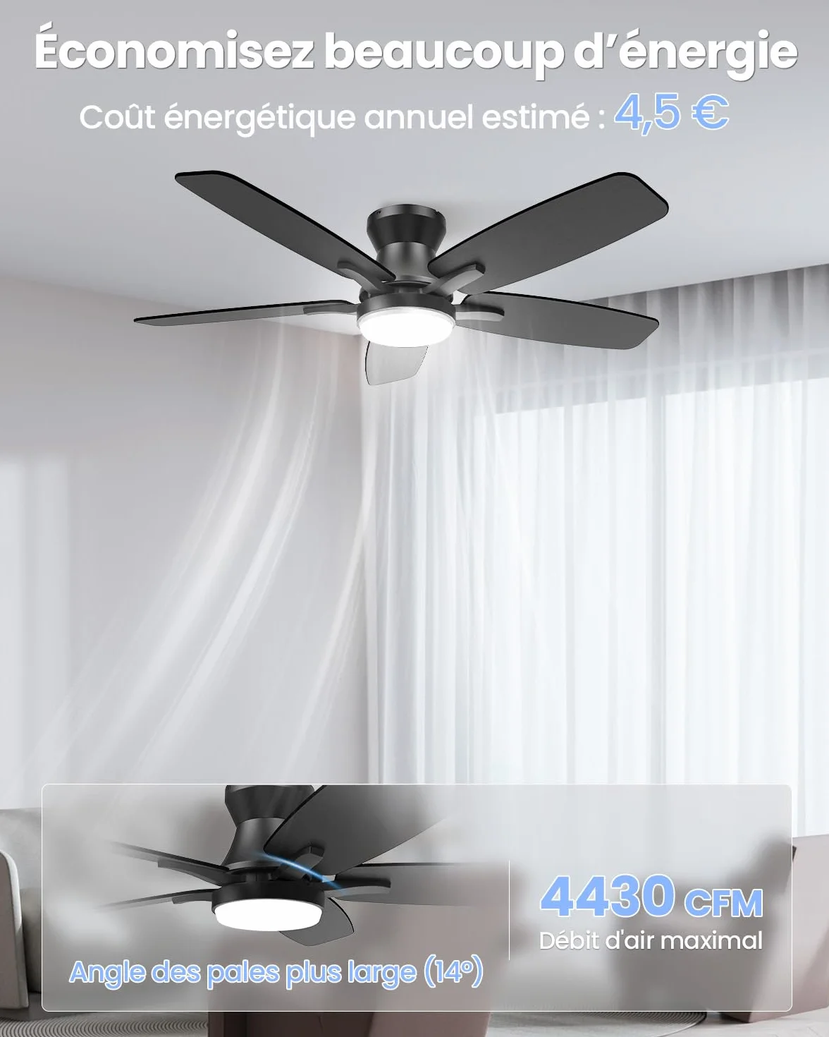 Airwit Ventilateur Plafond 106cm avec Lumiere Double Face Pale Silencieux LED Telecommande Reversible DC Moteur