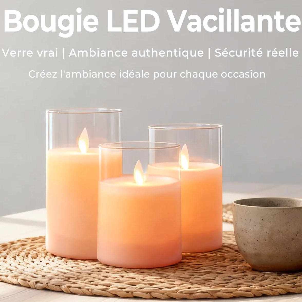 Bougies LED Rechargeables Flamme Vacillante Sans Fil, Télécommande Minuterie 2/4/6/8h, Lot de 3 Verre Transparent Blanc