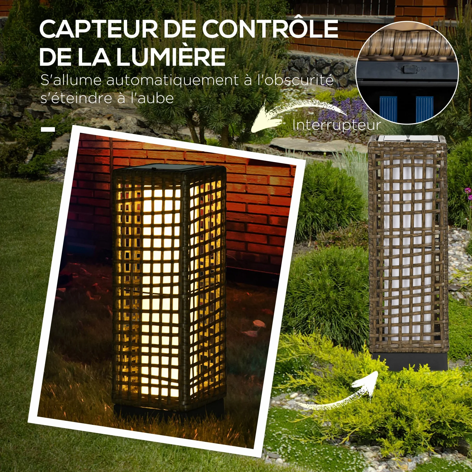 Outsunny Lampadaire solaire extérieur en résine tressée, rechargeable avec capteur, LED, 46 cm, sable