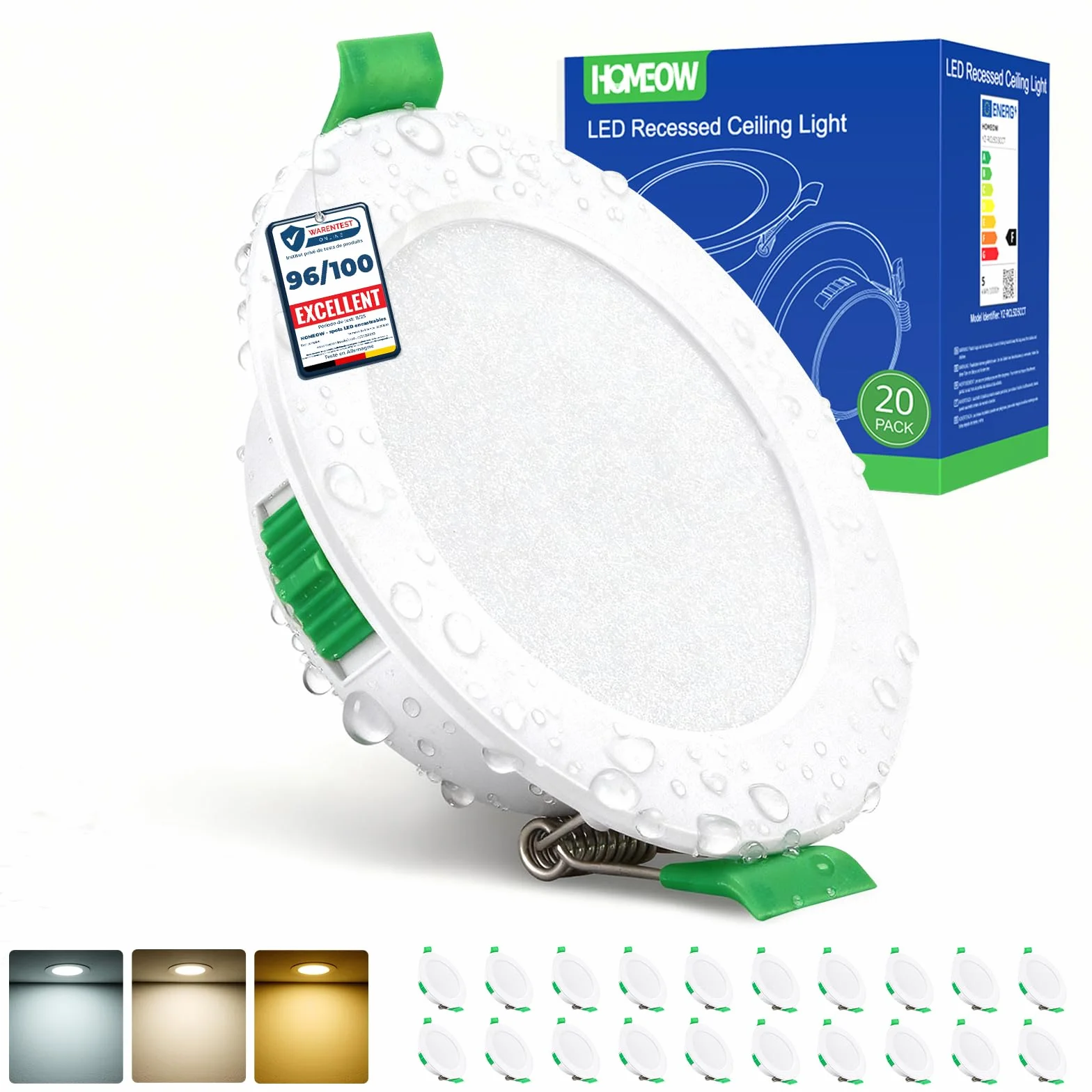 HOMEOW Lot de 20 Spots LED Encastrables Extra Plats 5W 68-80mm IP44 Blanc Chaud 2700K Blanc Neutre 4000K Blanc Froid 6000K