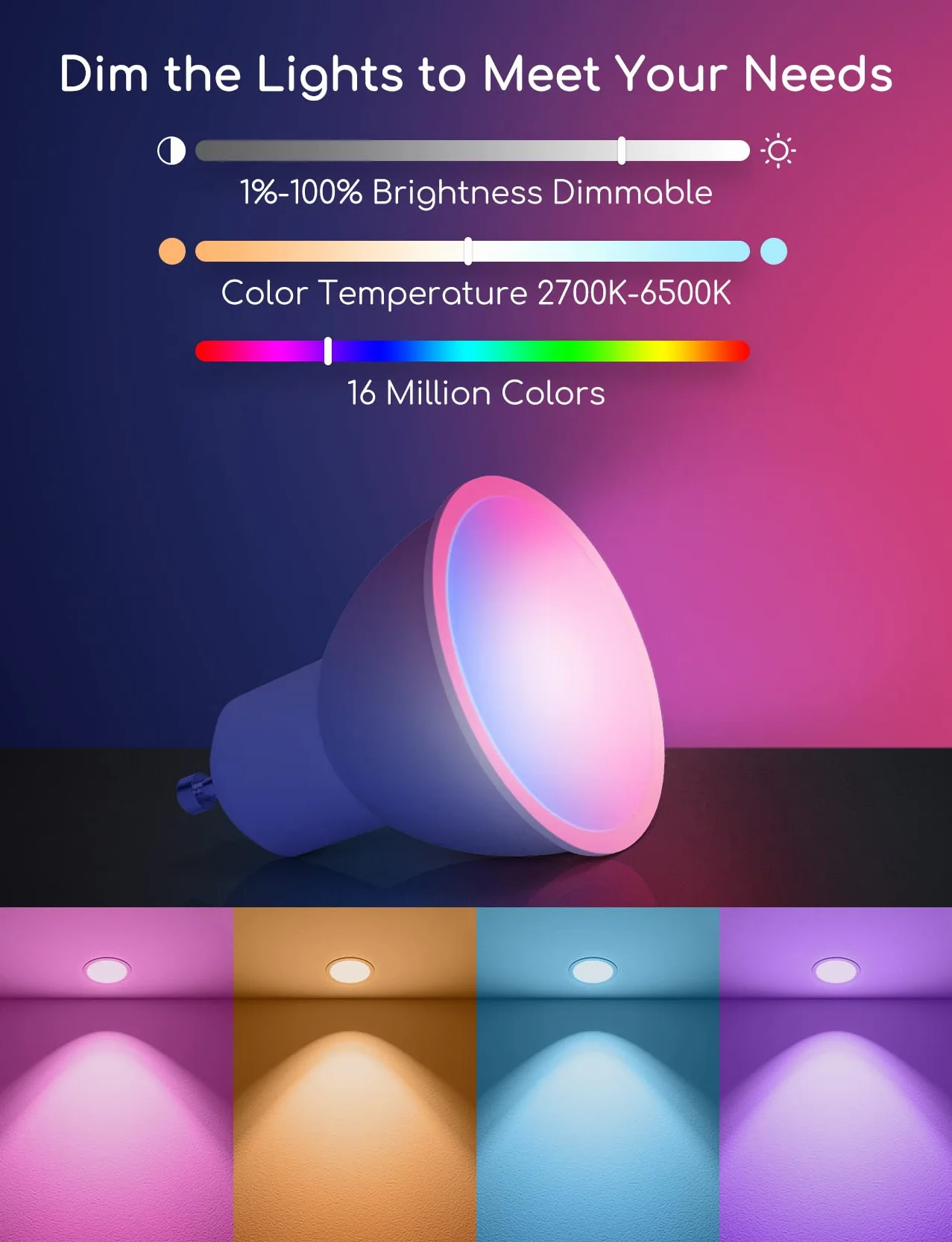 Aigostar Ampoule Connectée WiFi LED GU10 7W 555LM RGB 2700K-6500K Compatible Alexa Google Home 6 Unités