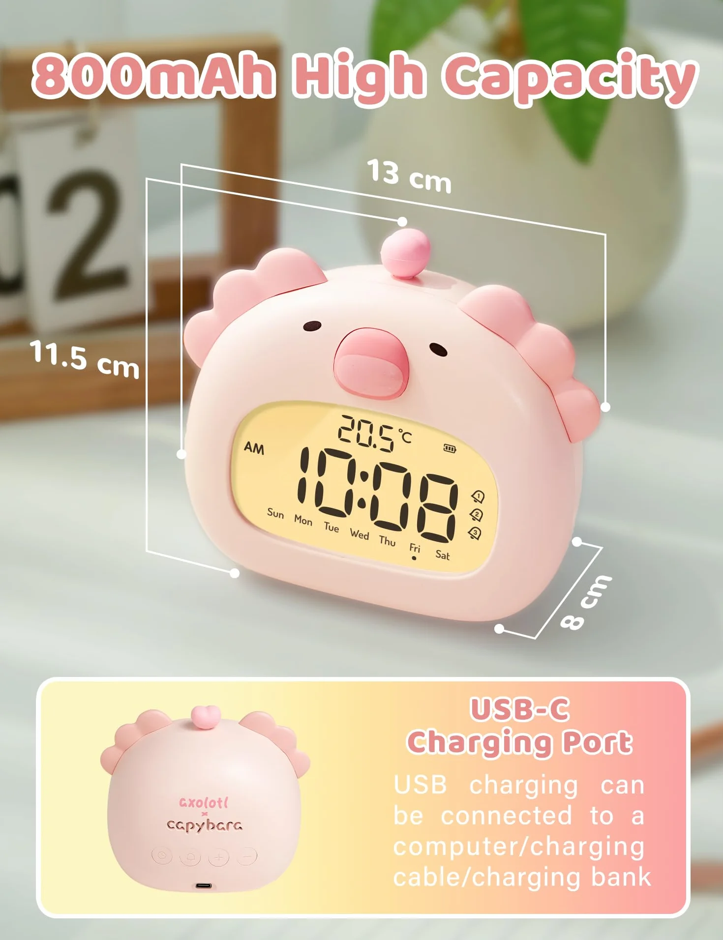 IHALO Cute Axolotl Réveil Enfant avec Veilleuse Écran LED 3,15 Pouces Rechargeable