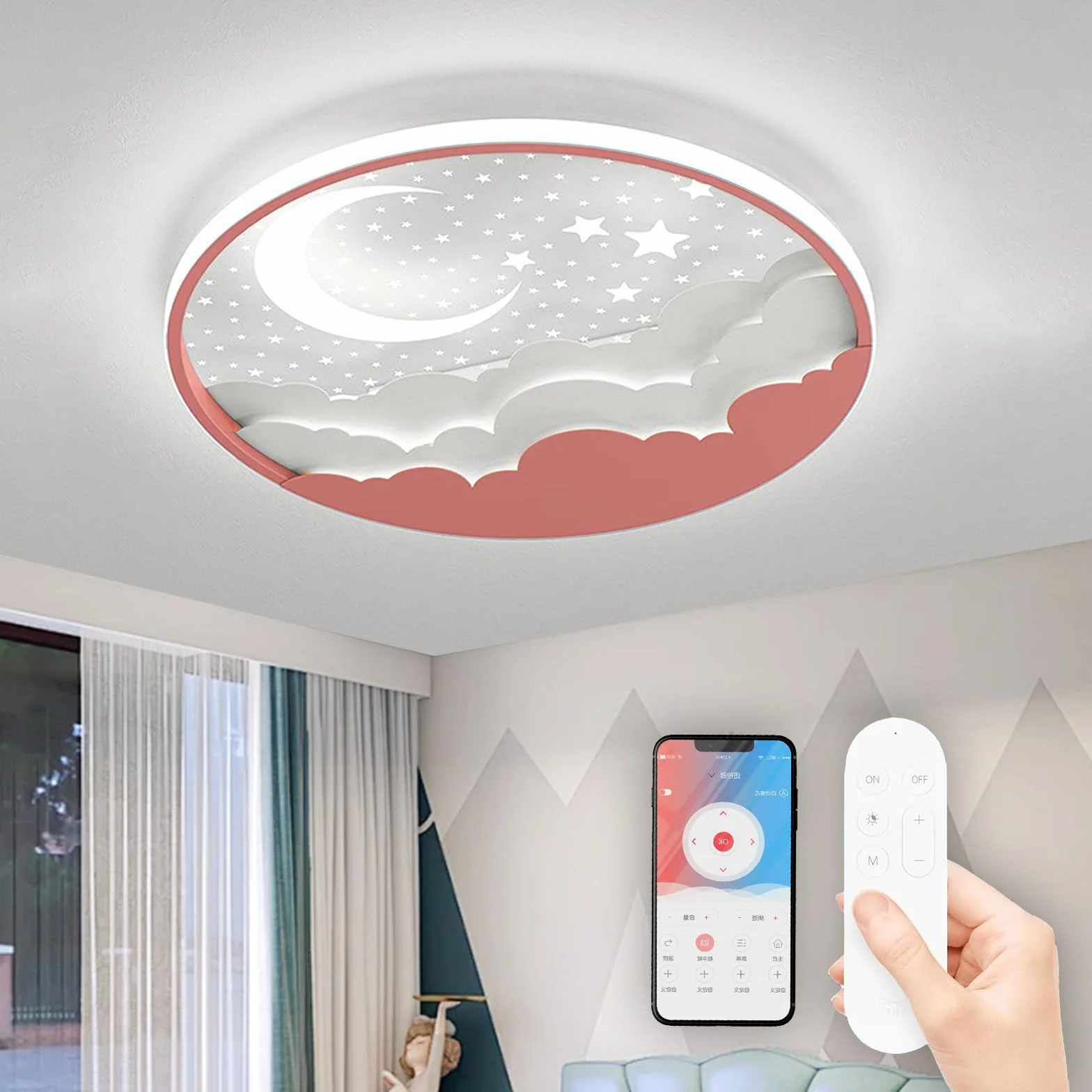 Plafonnier LED Enfant Étoile Lune Dimmable Télécommande 3000-6000K Rose