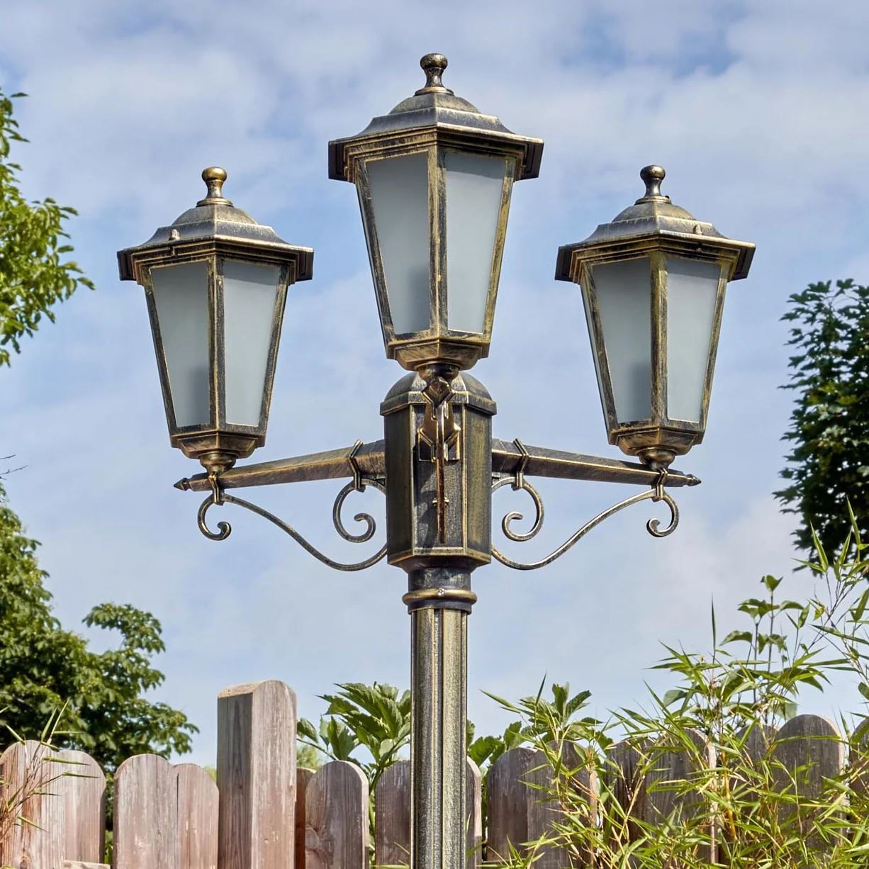 Lampadaire Loria métal verre doré marron verre dépoli antique vintage jardin terrasse 200 cm 3x E27 IP44