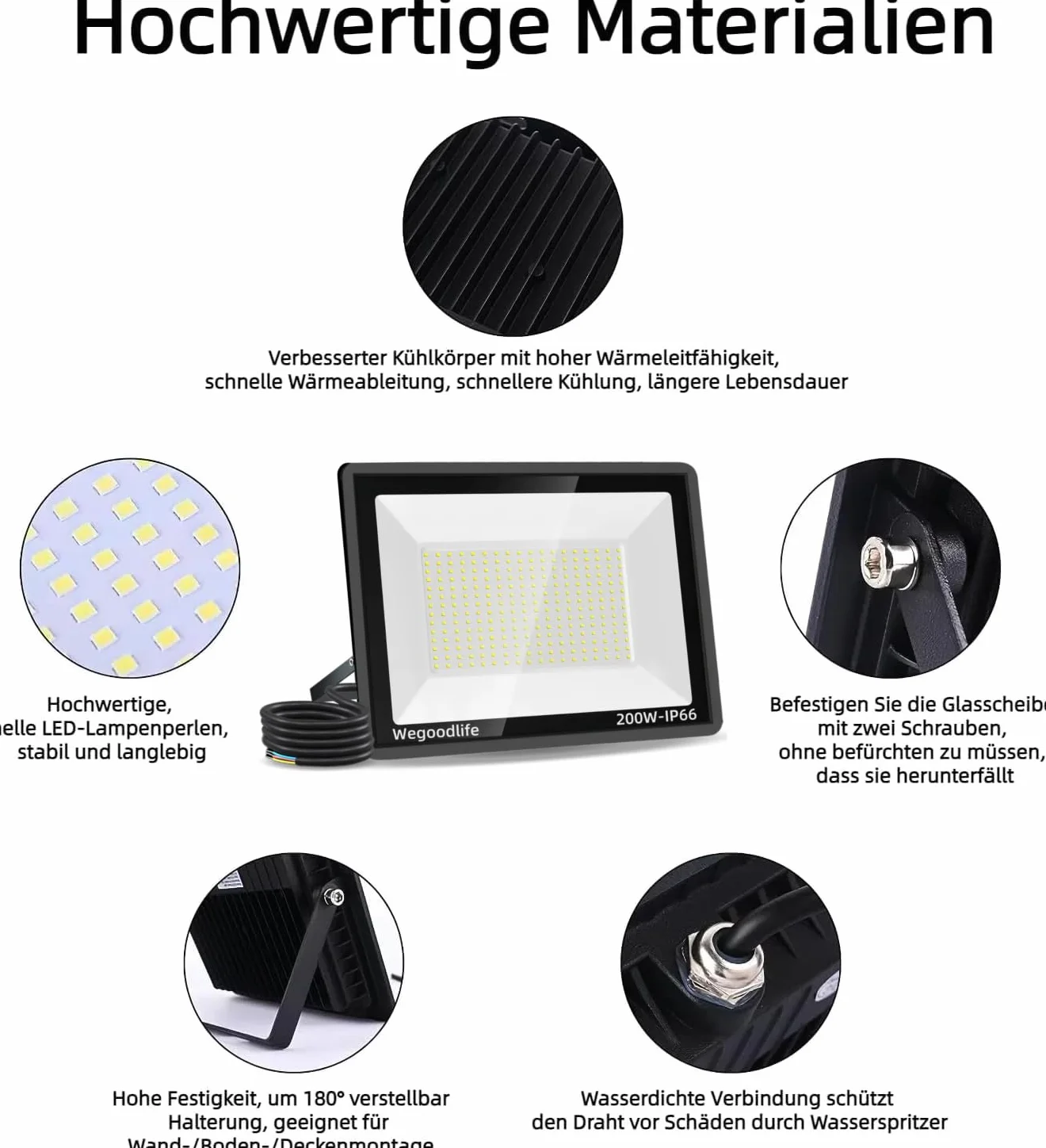 Projecteur LED Extérieur 200W 20000LM 6500K IP66 Étanche Éclairage Mural