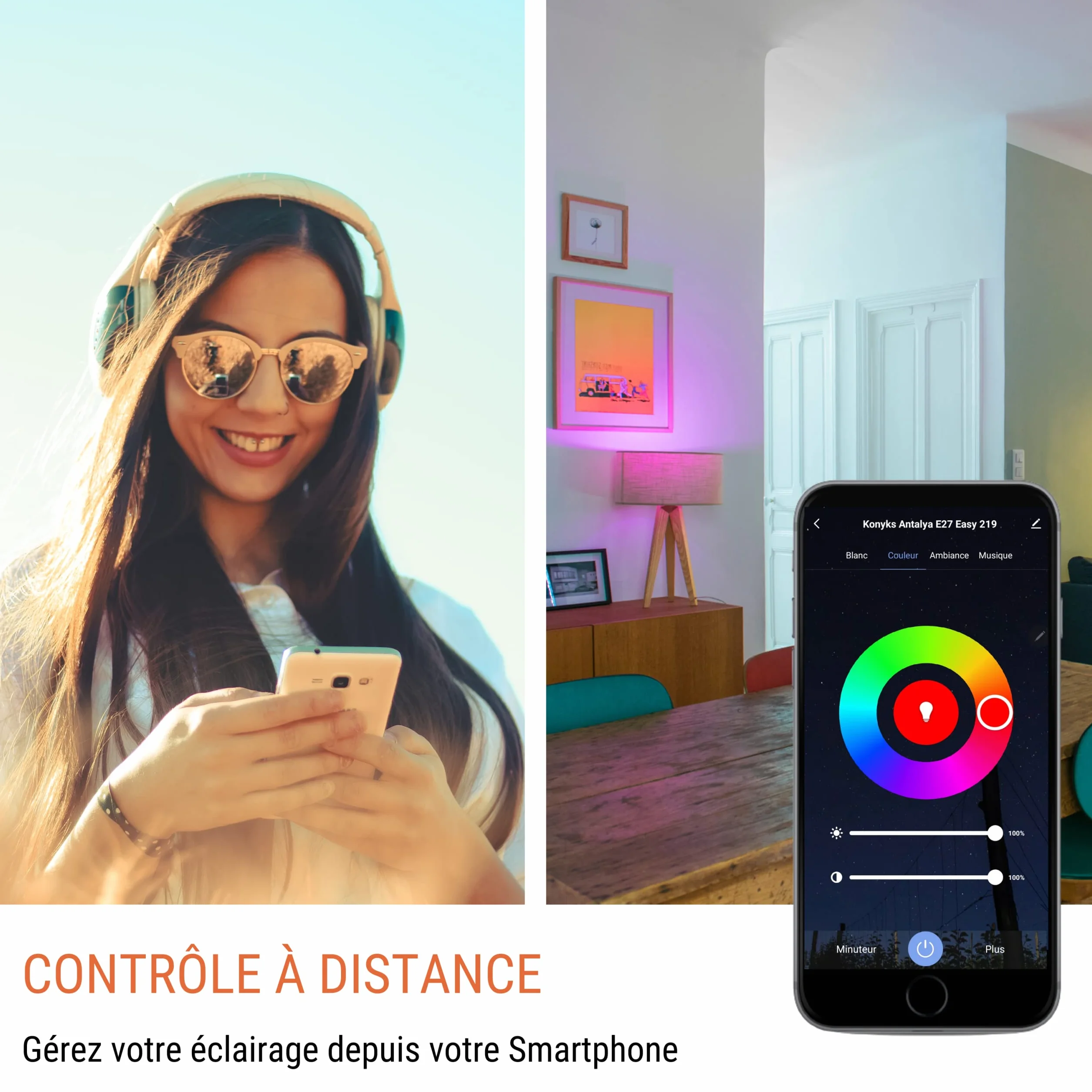 Ampoules connectées Konyks Antalya Easy E27 LED Wi-Fi + BT, 1050 Lumens, Couleurs + Blanc réglable, Compatible Alexa Google Home