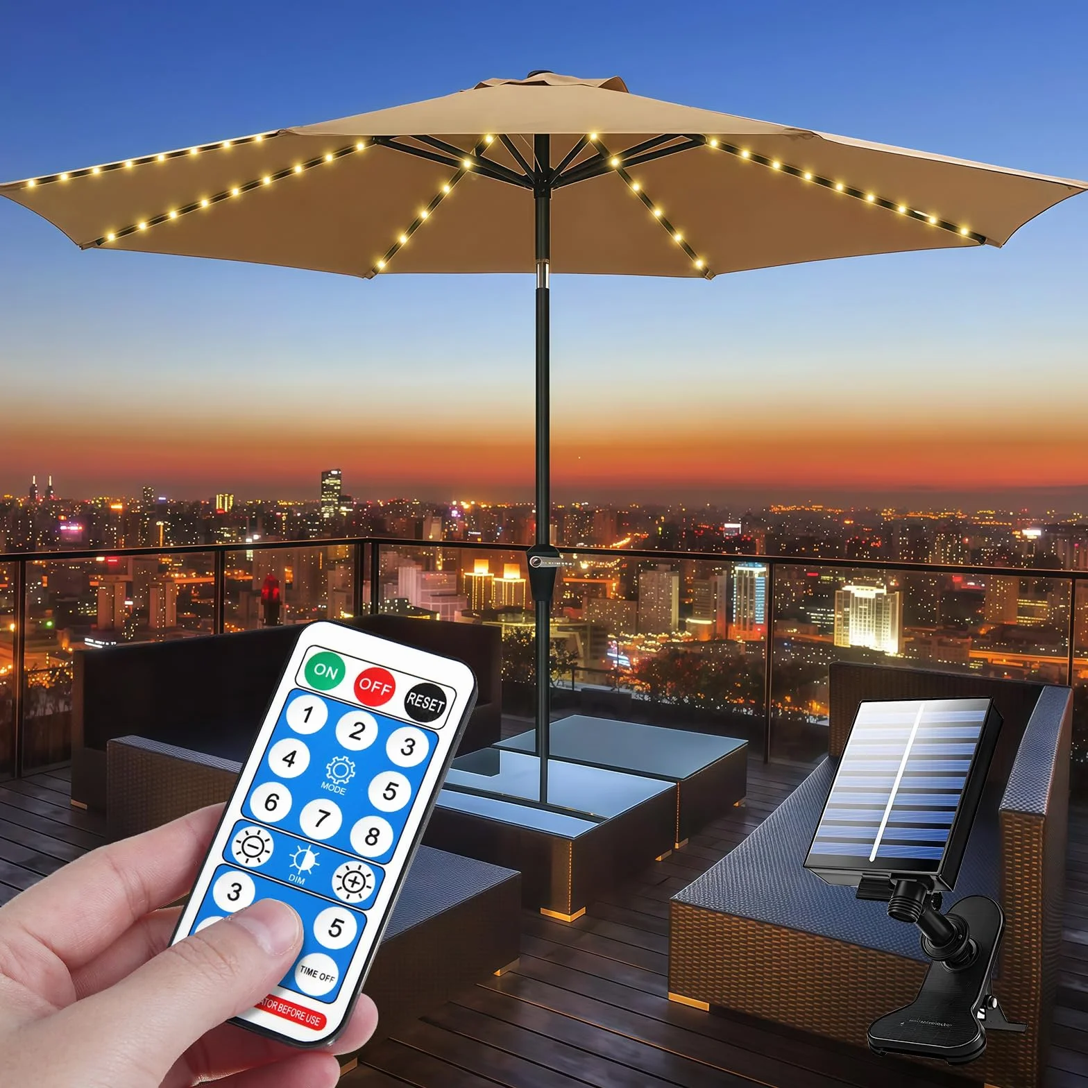 Guirlande Lumineuse Solaire Parasol Télécommande 8 Modes 104 LED IP67