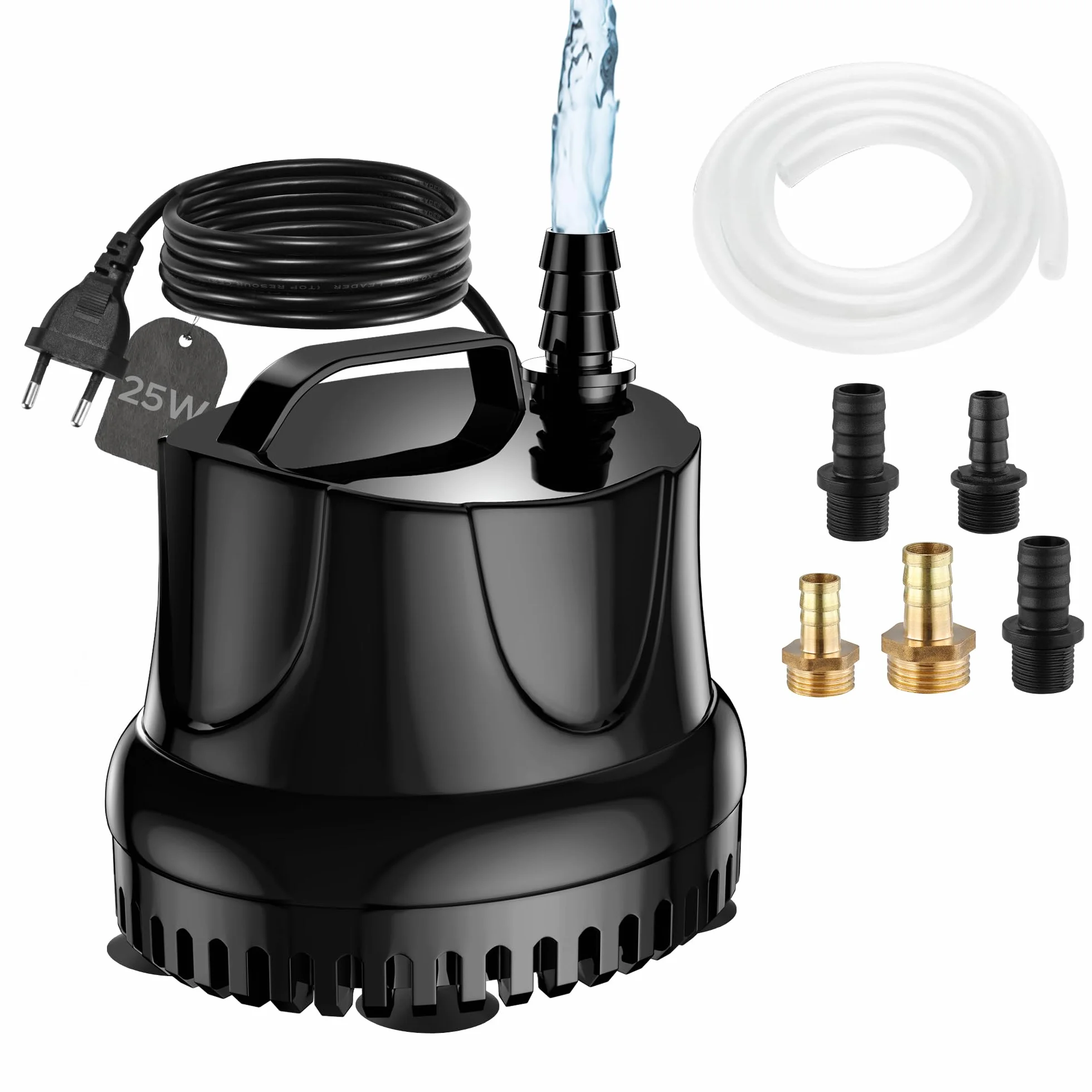 Pompe à Eau Submersible 25W 1500 L/H Ultra Silencieuse pour Bassin Fontaine Jardin avec 5 Buses 1.5M Tuyau