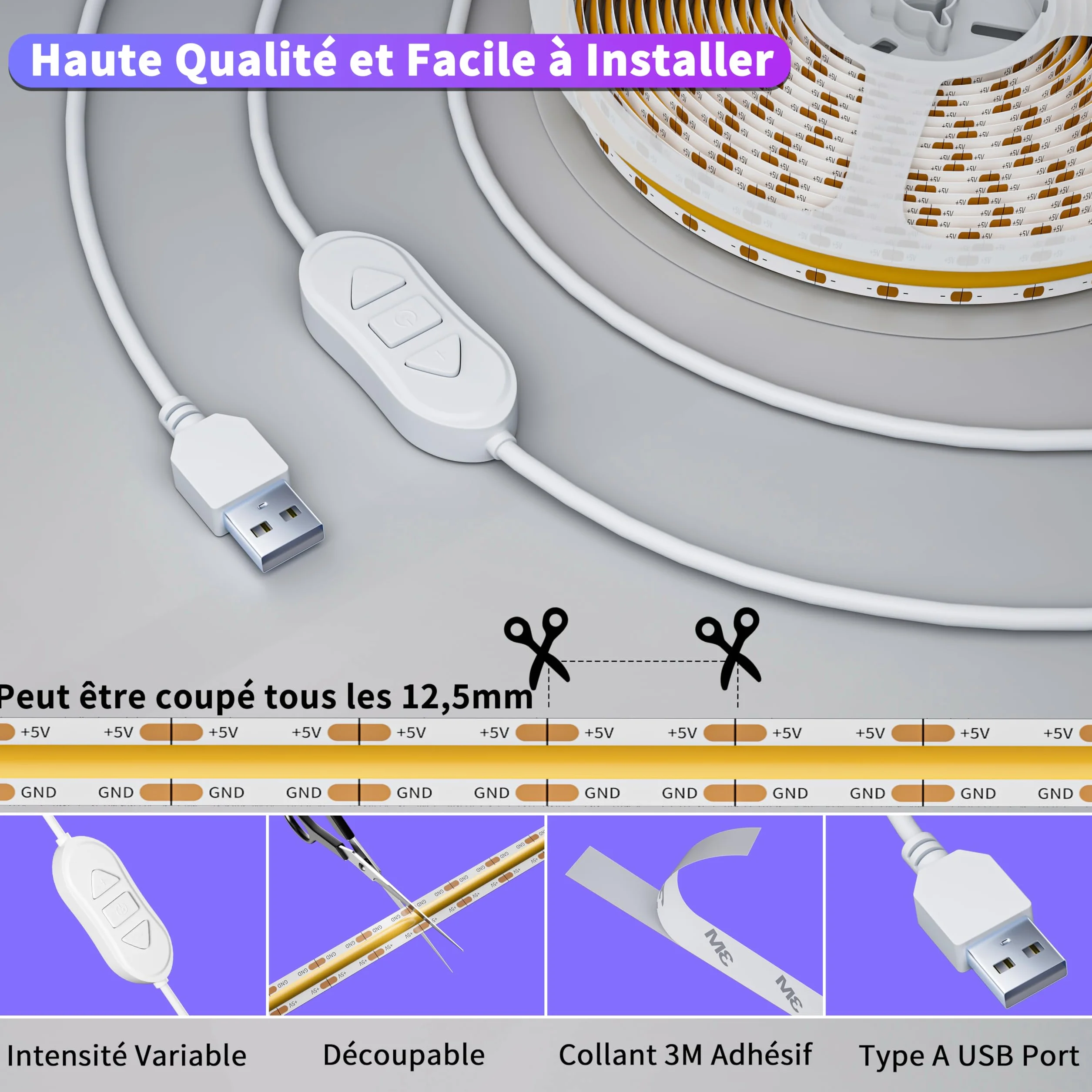 OULARA USB Bande LED COB 5V Chaud Blanc 2700K 1M Dimmable 320LEDs Ruban Lumineux LED Flexible Découpable TV Rétroéclairage