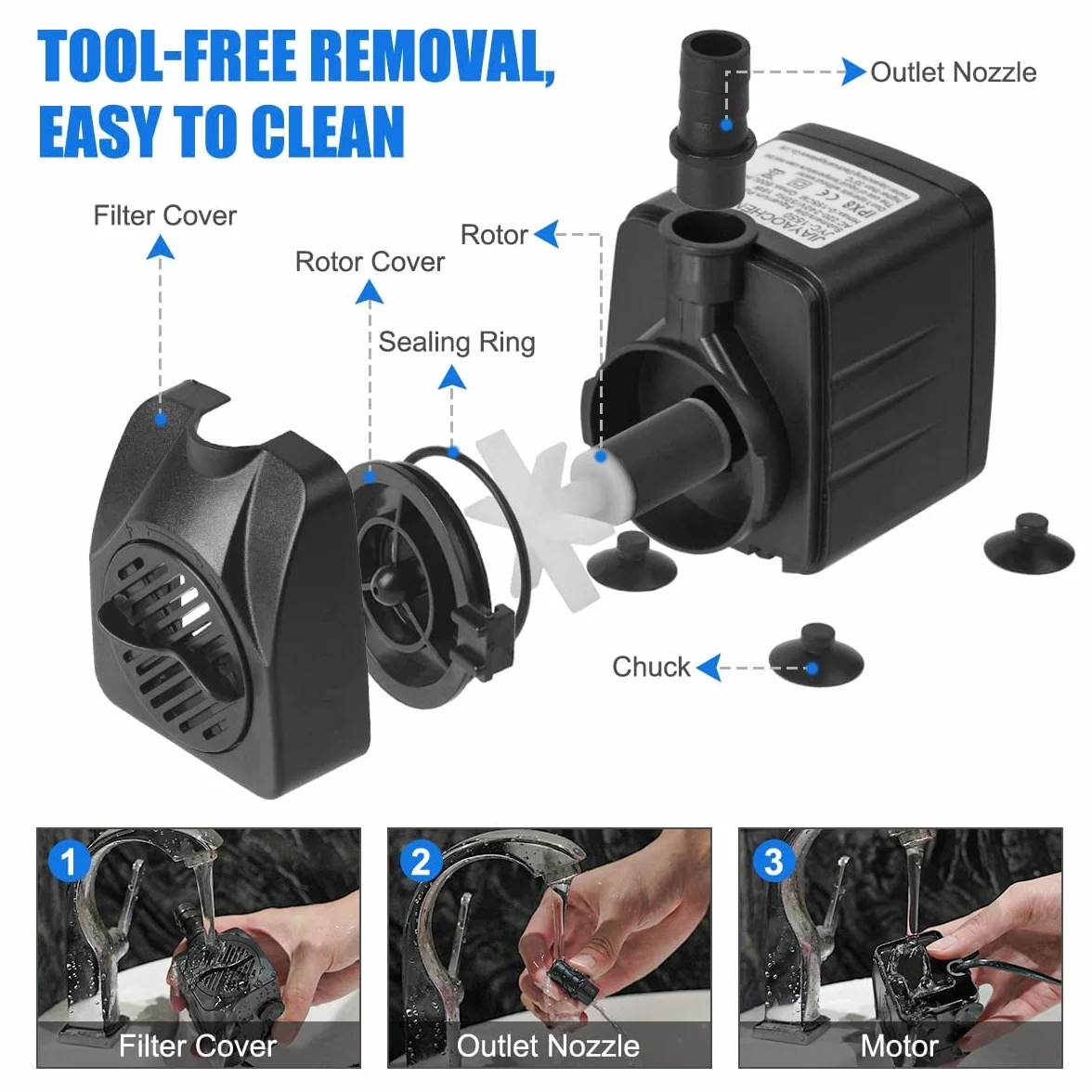 Pompe Eau Submersible 10W 600L/H Ultra-Silencieux Aquarium avec 4 Pieds de Ventouses 2 Buses