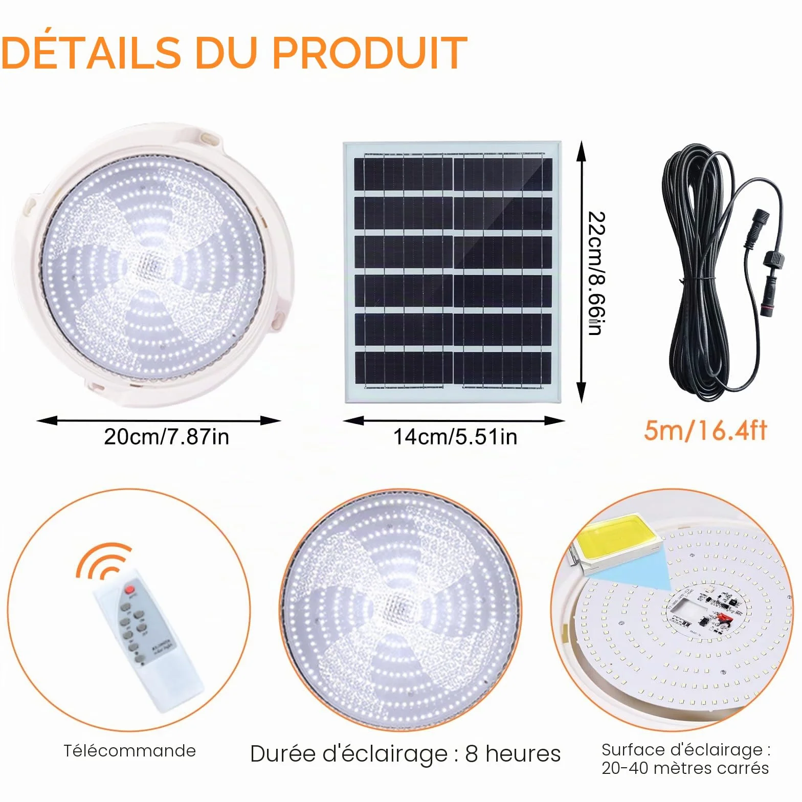 Solaire Lampe de Plafond Extérieur 100W avec Télécommande Câble 5m