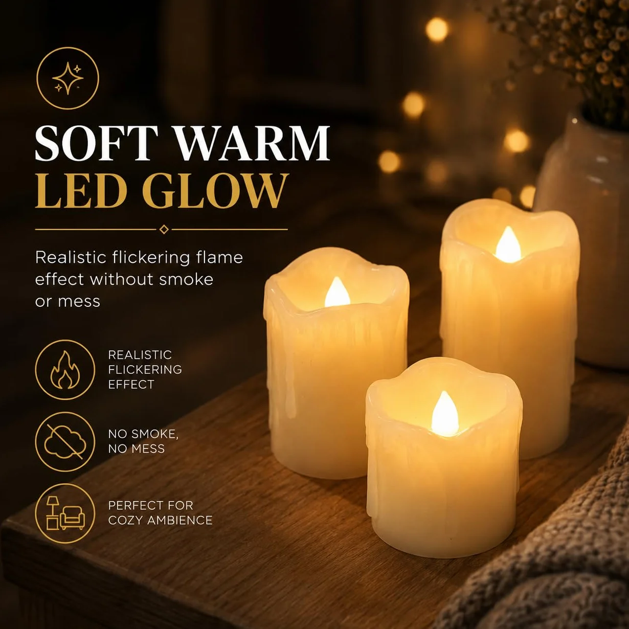 Festive Lights Lot de 3 Bougies LED Effet Flamme Vacillante Cire Effet Fondu Pilier