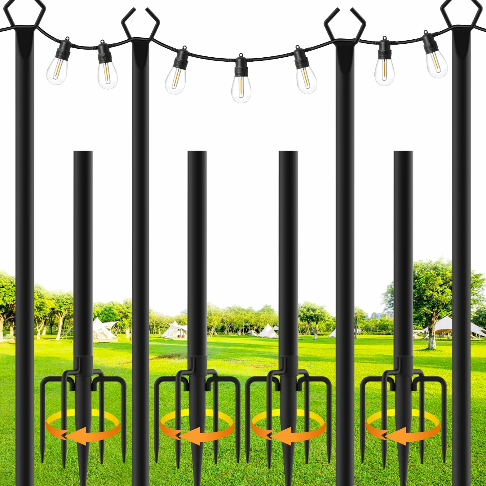 Lot de 4 poteaux en métal 3 m avec fourchette pour guirlande lumineuse extérieure, support de jardin