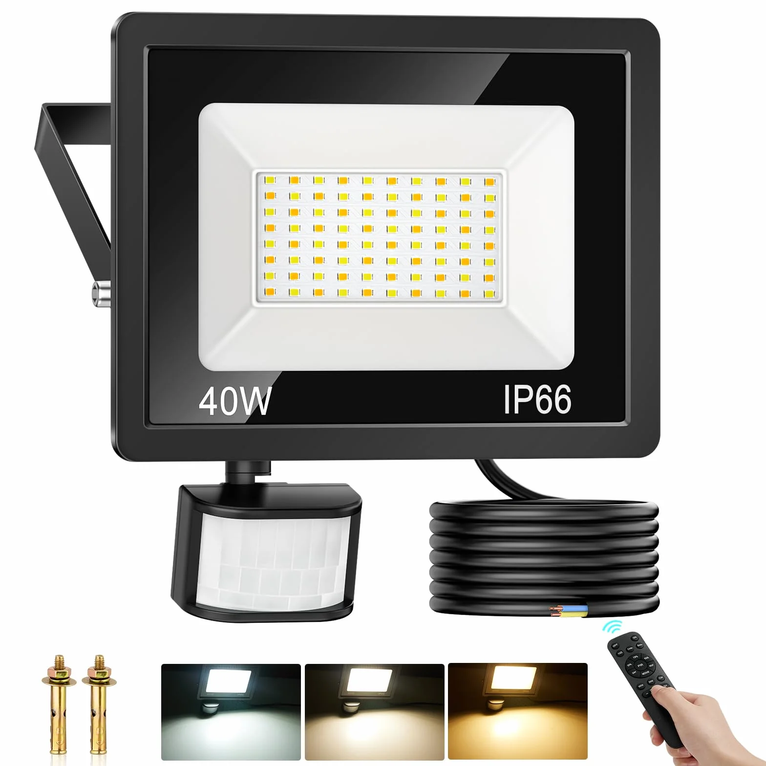 Projecteur LED Extérieur 40W 4500LM IP66 Réglable 3 Couleurs avec Télécommande Détecteur de Mouvement
