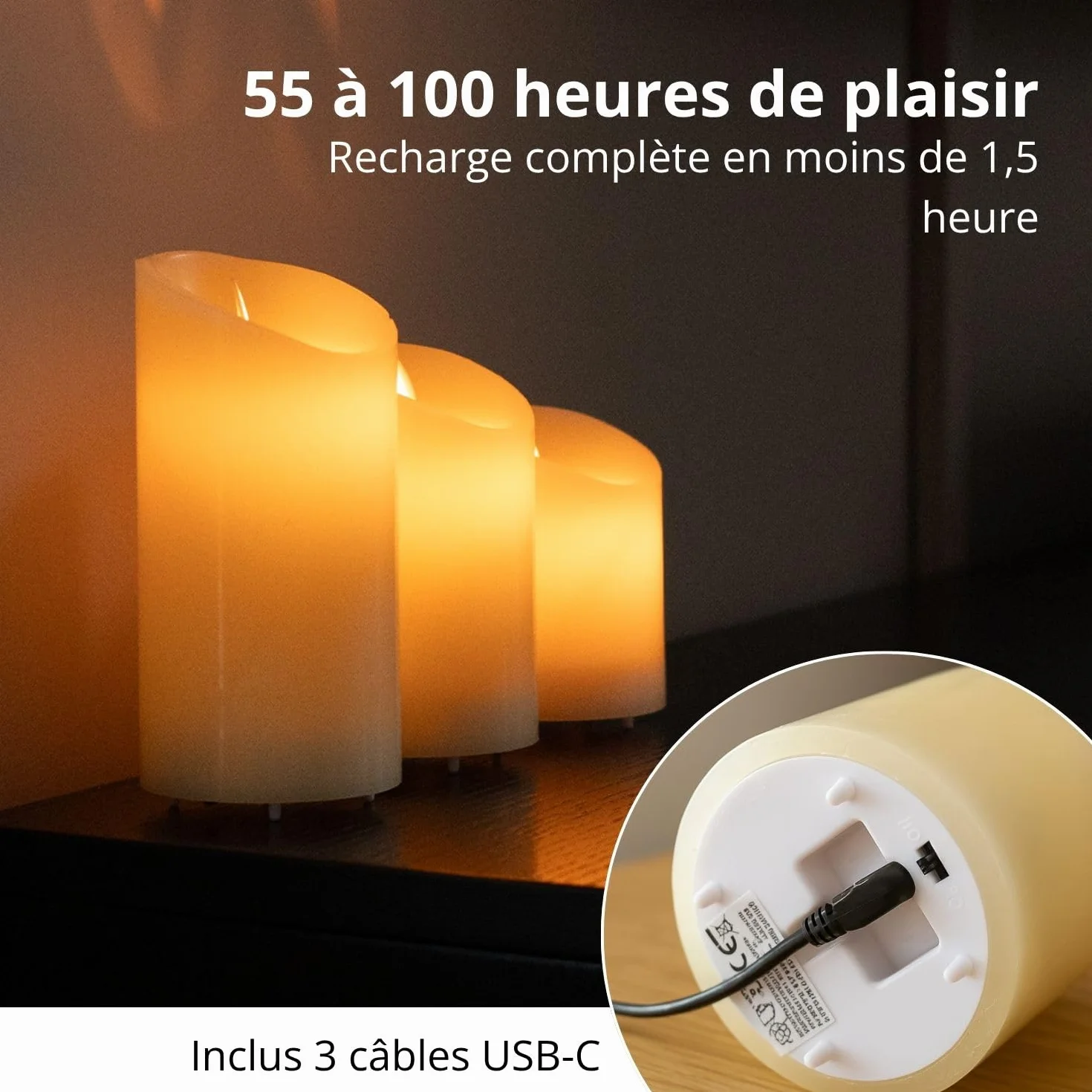 Bougies LED Rechargeables USB FLINQ - Fausse Bougie Flamme Vacillante avec Télécommande - 3 Unités