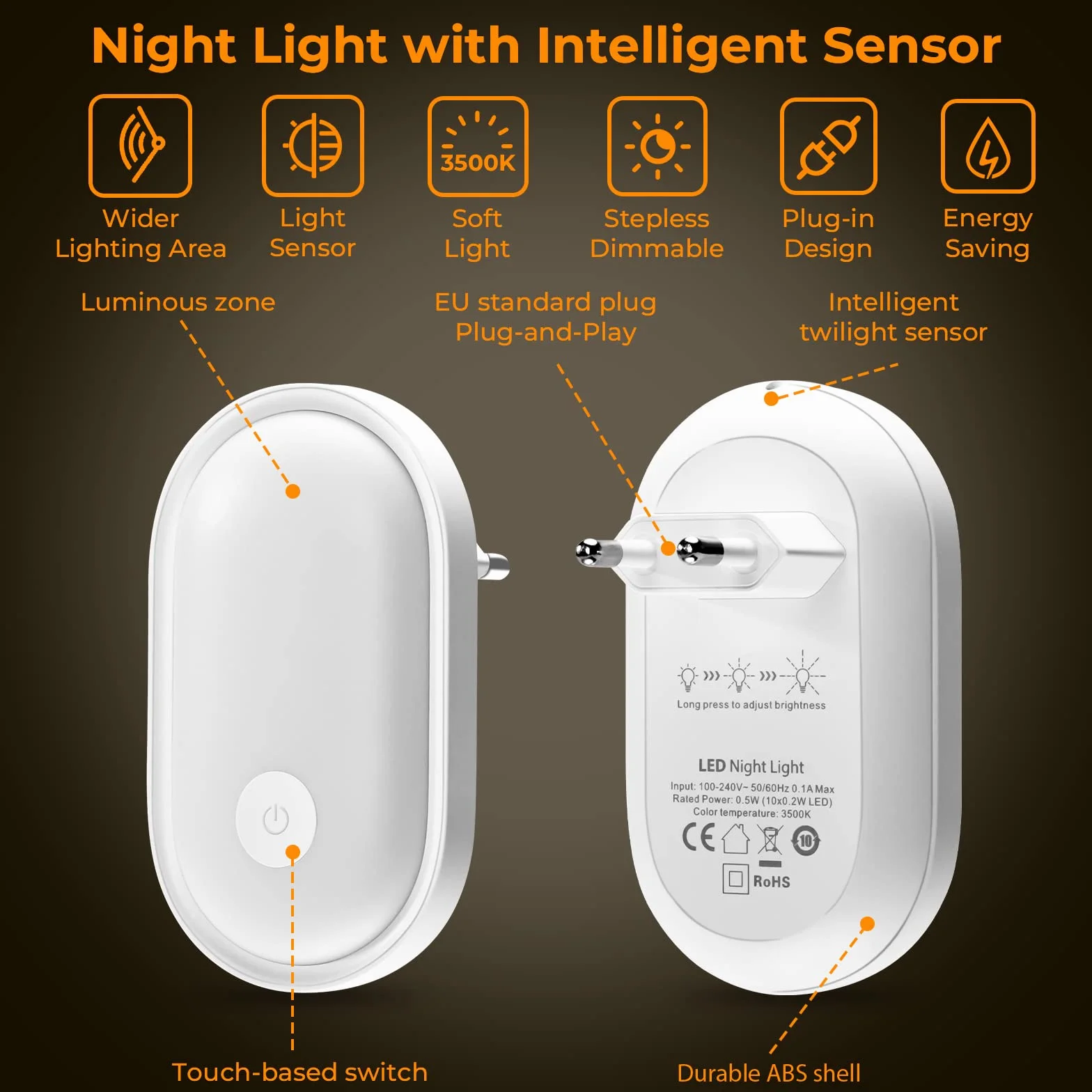 Alyvisun Veilleuse Prise Electrique Enfant avec Capteur de Crépuscule Tactile Dimmable, Blanc Chaud