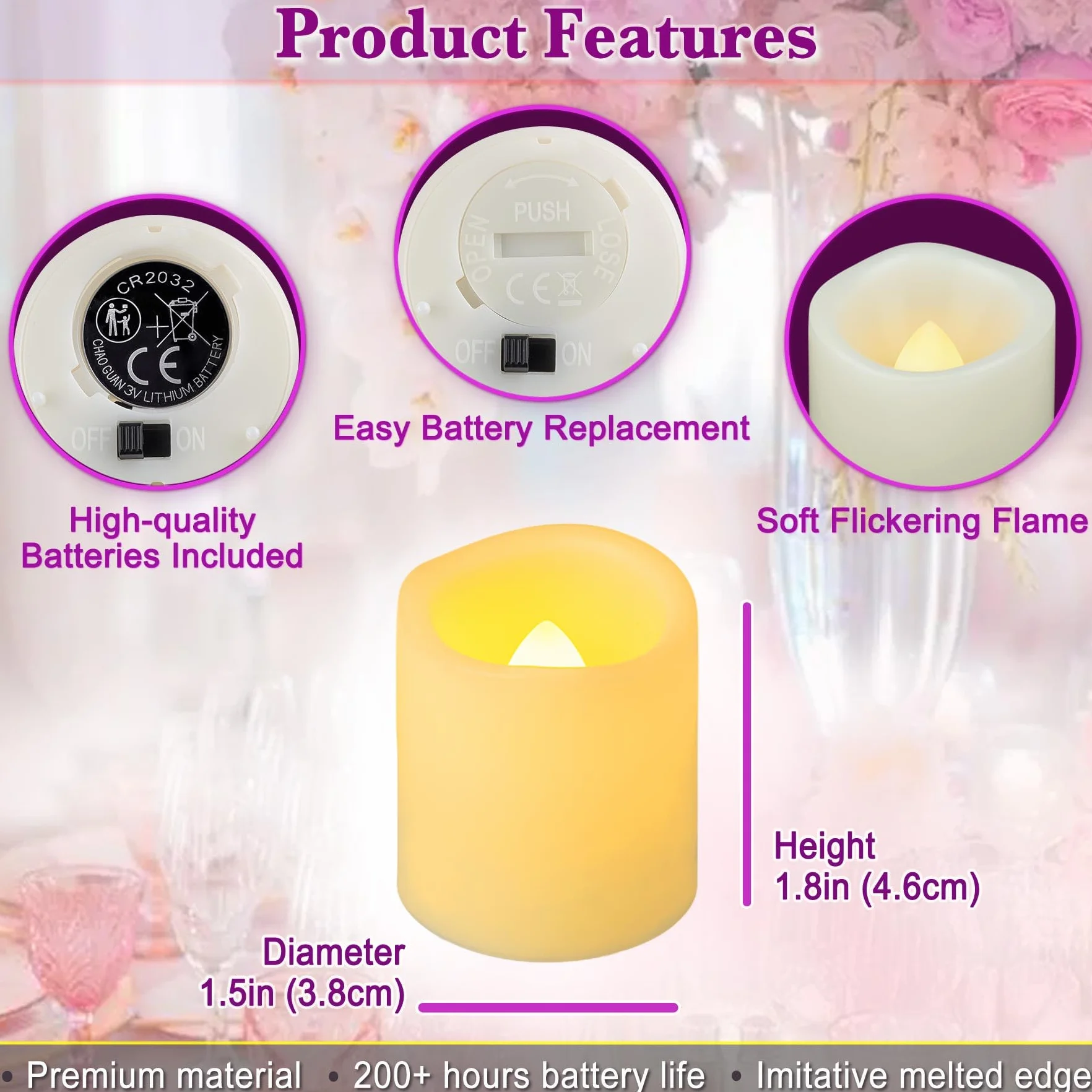 Bougies chauffe-plat à piles LED vacillantes 3,8 x 4,6 cm Lot de 48