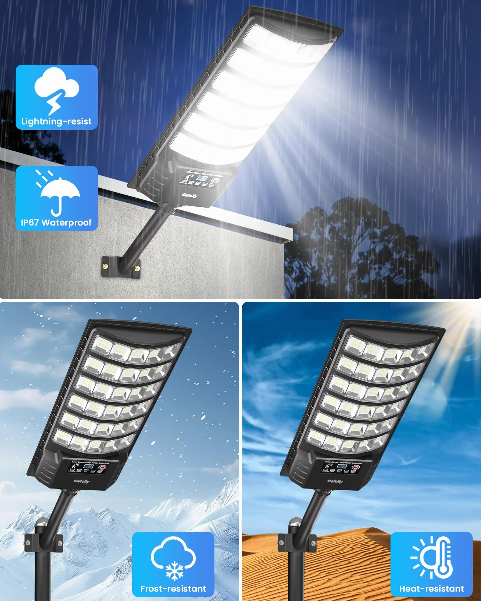 Gefolly Lampadaire Solaire Exterieur 6500K IP67 Étanche avec Télécommande 2Pack