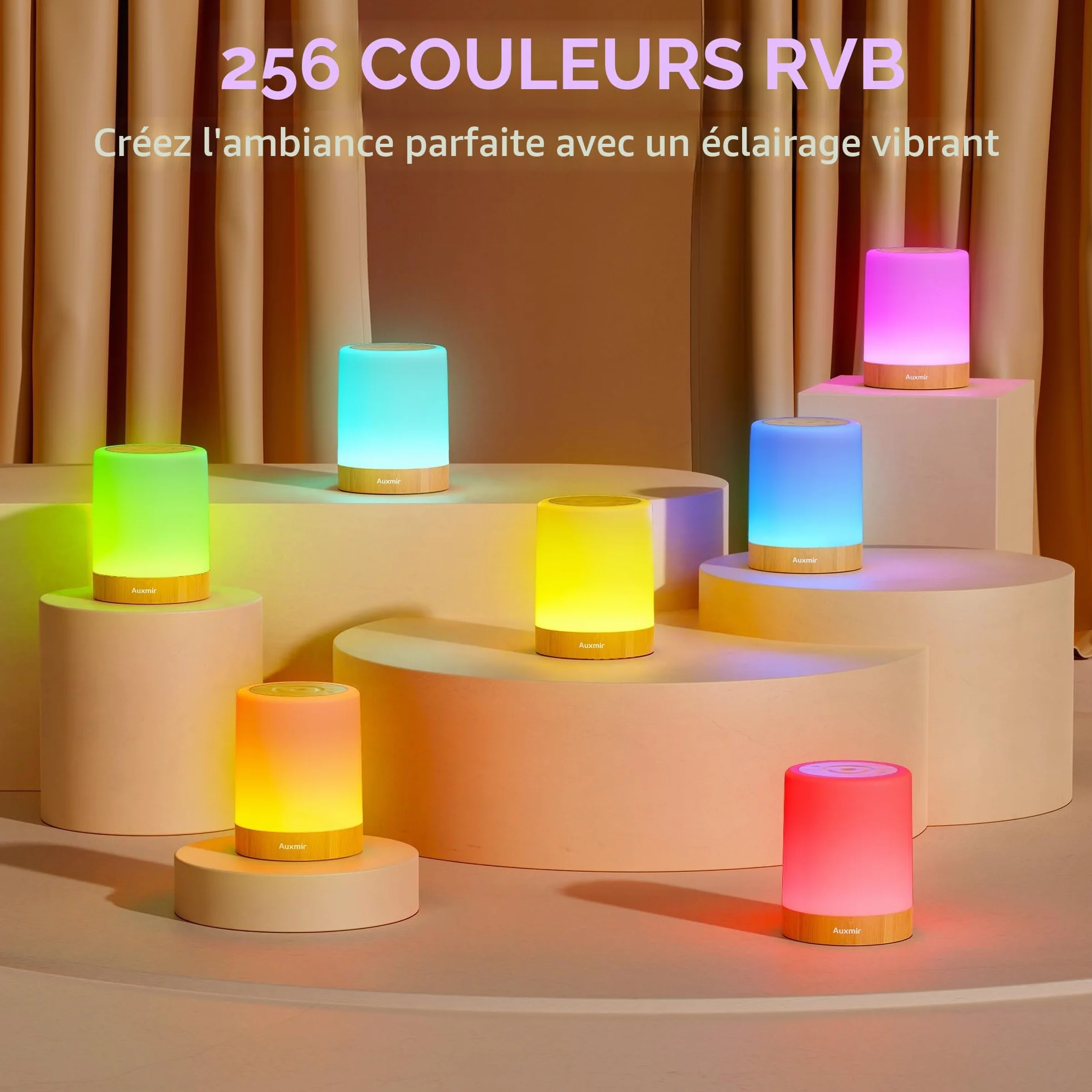 Auxmir Lampe de Chevet LED 256 Couleurs RVB, Veilleuse sans Fil avec Minuteur, 3000mAh Rechargeable USB