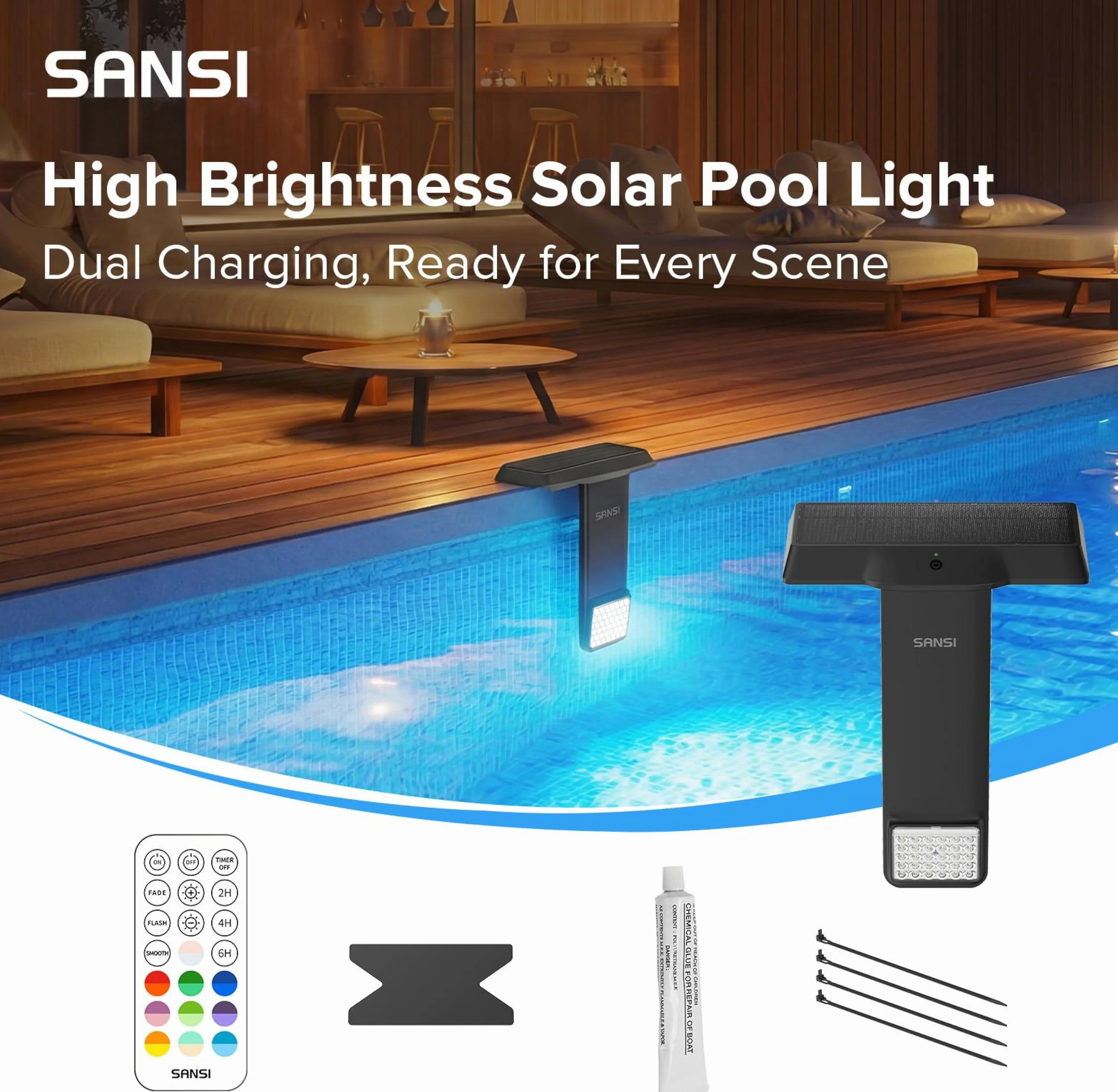 SANSI Lampe Solaire Piscine LED Submersible IP68 Grand Angle 150° RGB USB-C Télécommande