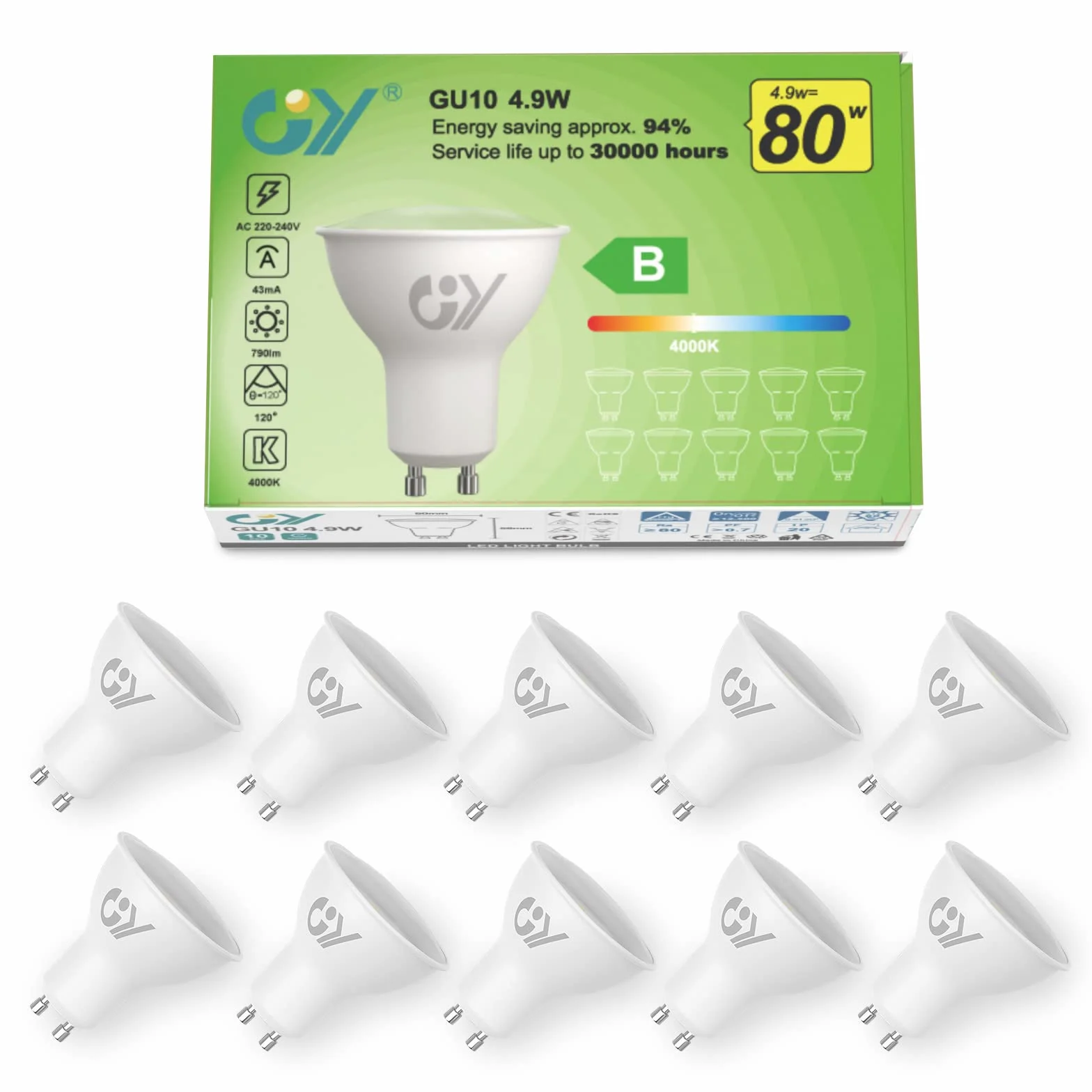 Ampoules LED GU10 4.9W 790LM 4000K Blanc Neutre 120° Non-Dimmable Lot de 10