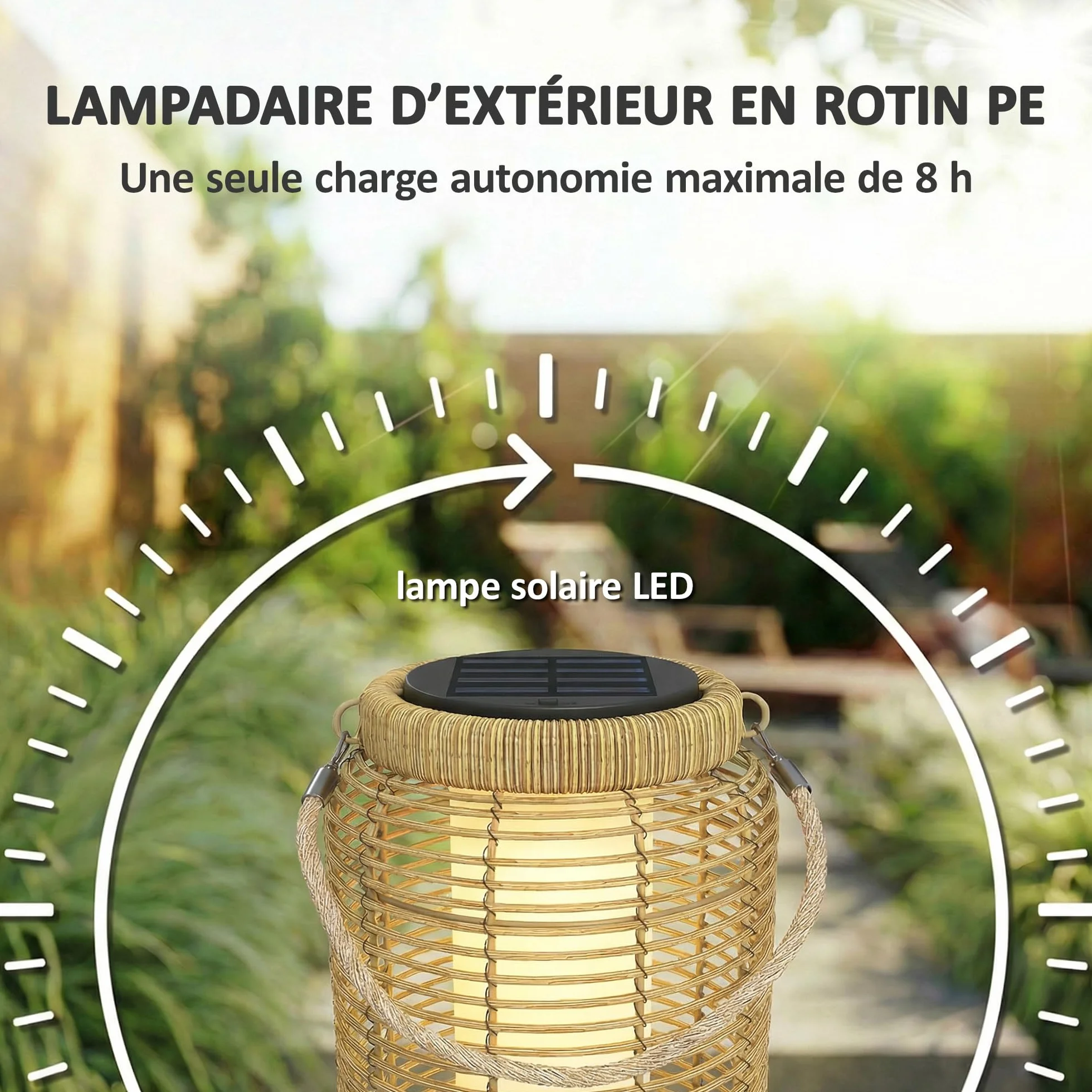 Outsunny Lampadaire d'Extérieur Solaire Lot de 2 LED Jardin Résine Tressée Acier Ø18 x 37 cm Sable