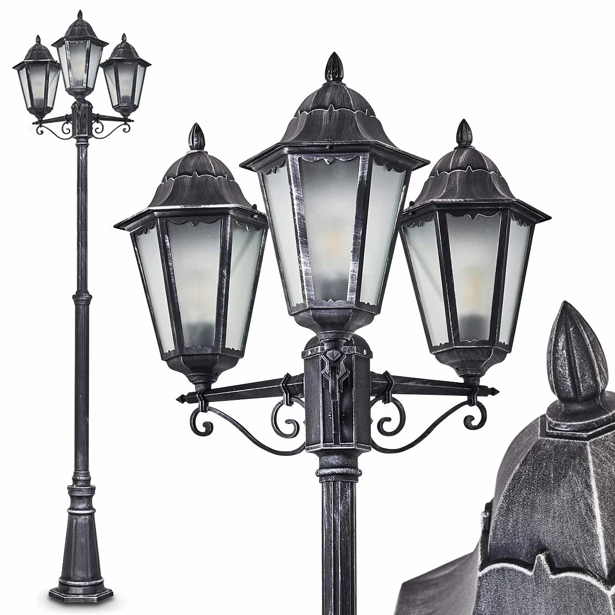 Réverbère Lignac lampadaire vintage aluminium moulé noir argenté verre dépoli 245 cm 3 lanternes E27 IP44