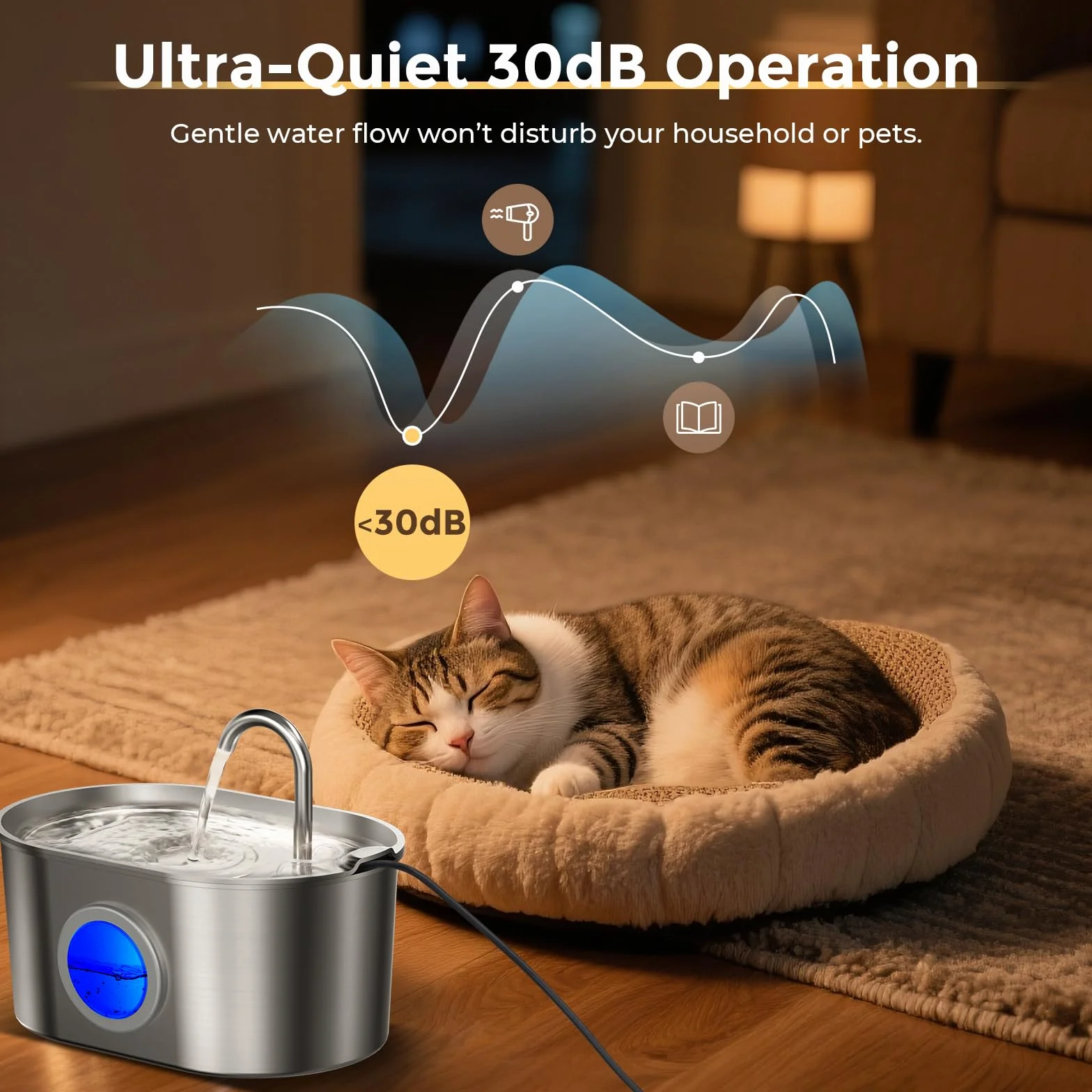 Fontaine à Eau pour Chat 2,2L Acier Inoxydable avec Fenêtre de Niveau d'Eau, 4 Filtres Inclus, Design Anti-éclaboussures