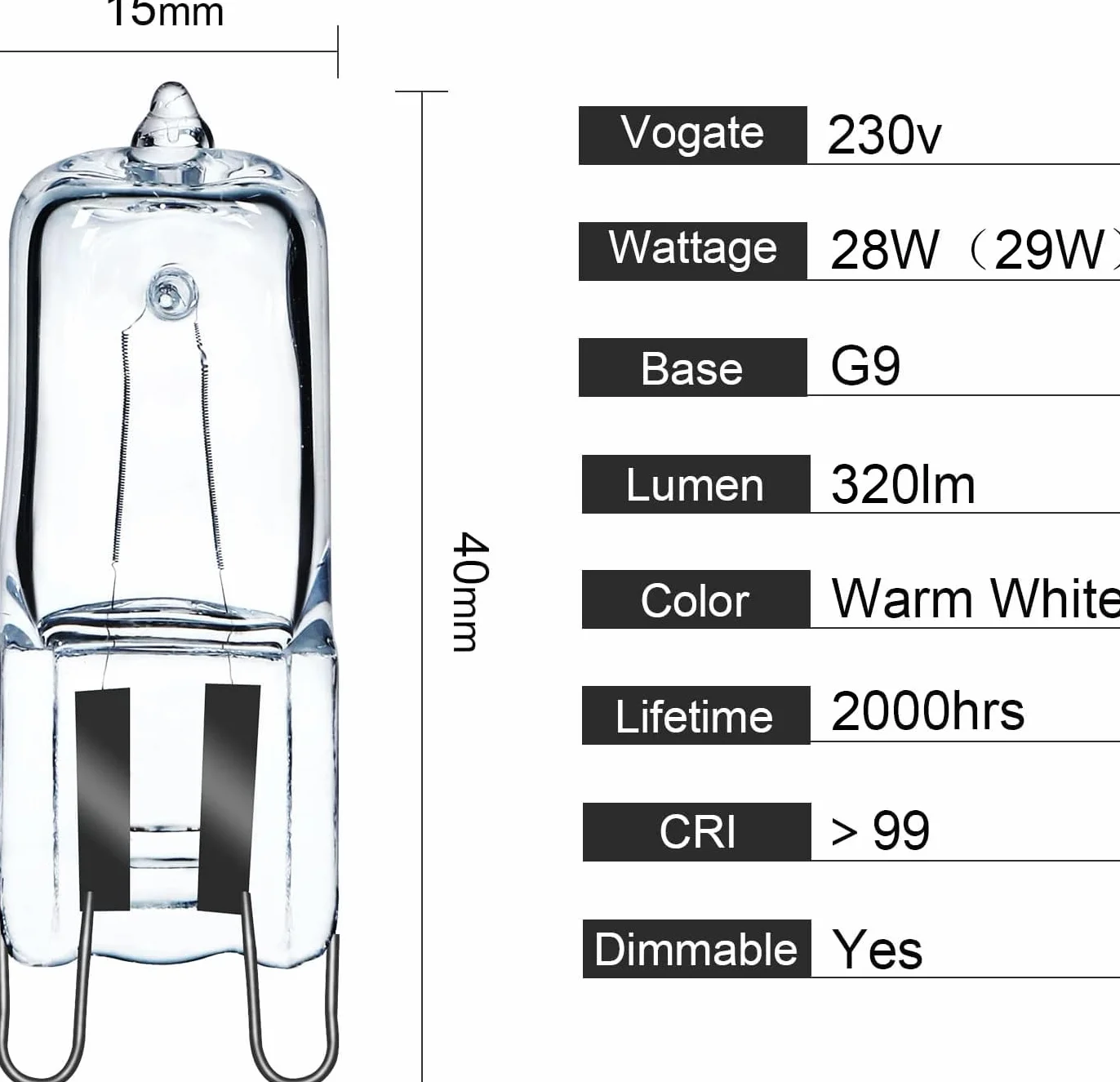 Ampoules halogènes G9 28W 230V 2800K Blanc Chaud Dimmable, Lot de 10
