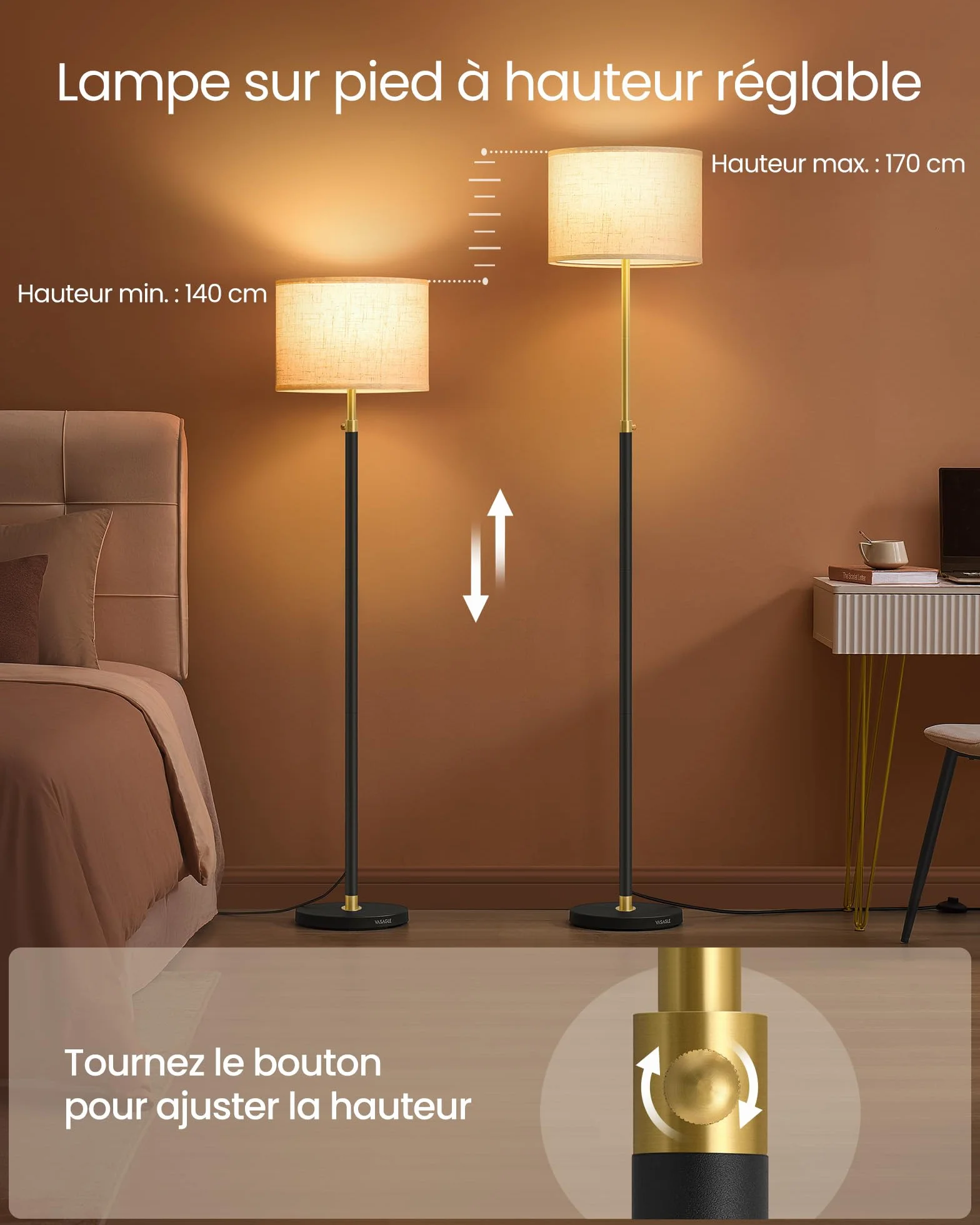 VASAGLE Lampadaire 140-170 cm E27 Doré Noir