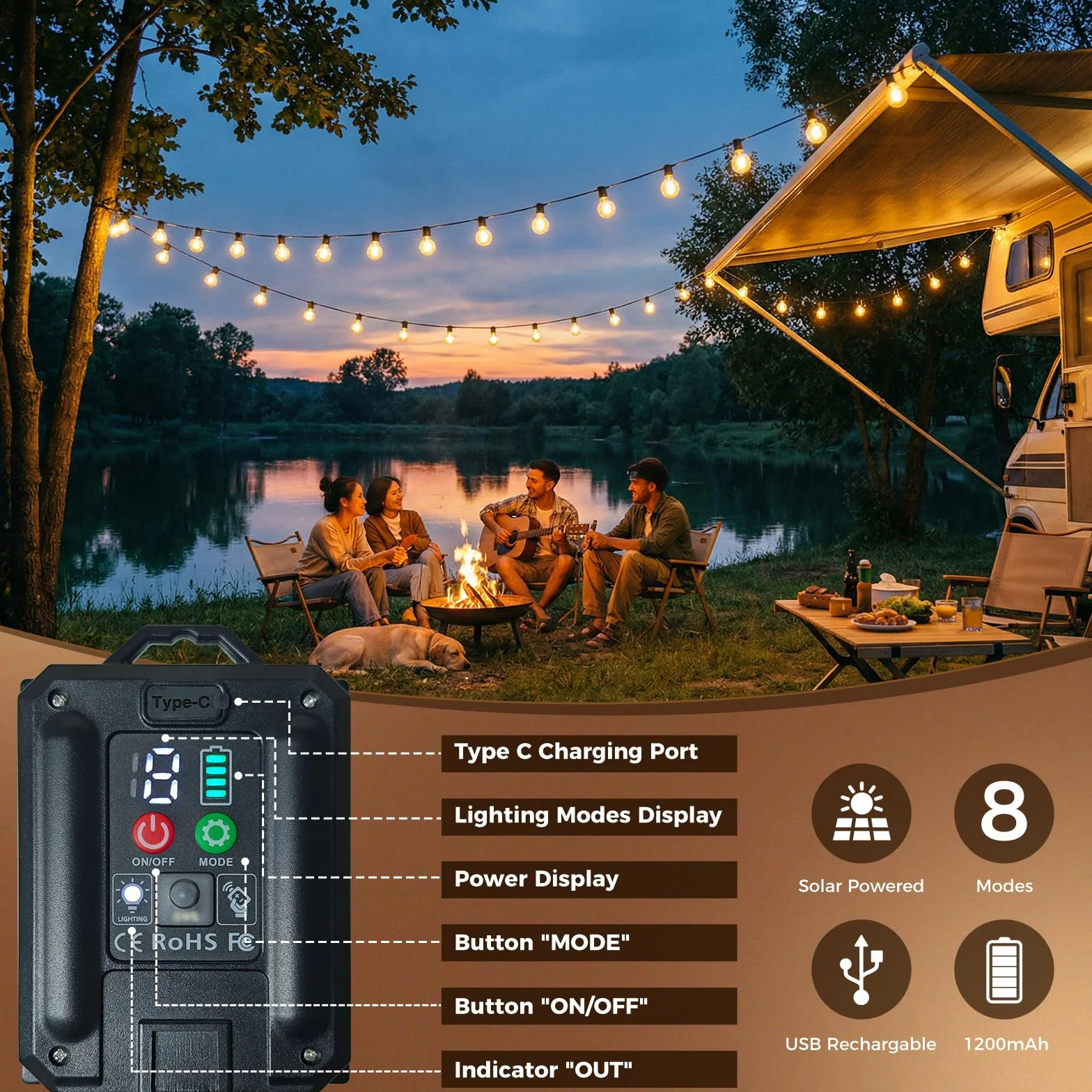 Guirlande Solaire Exterieur Dimmable 10M 8 Modes IP65 Étanche Lumiere Guinguette Jardin