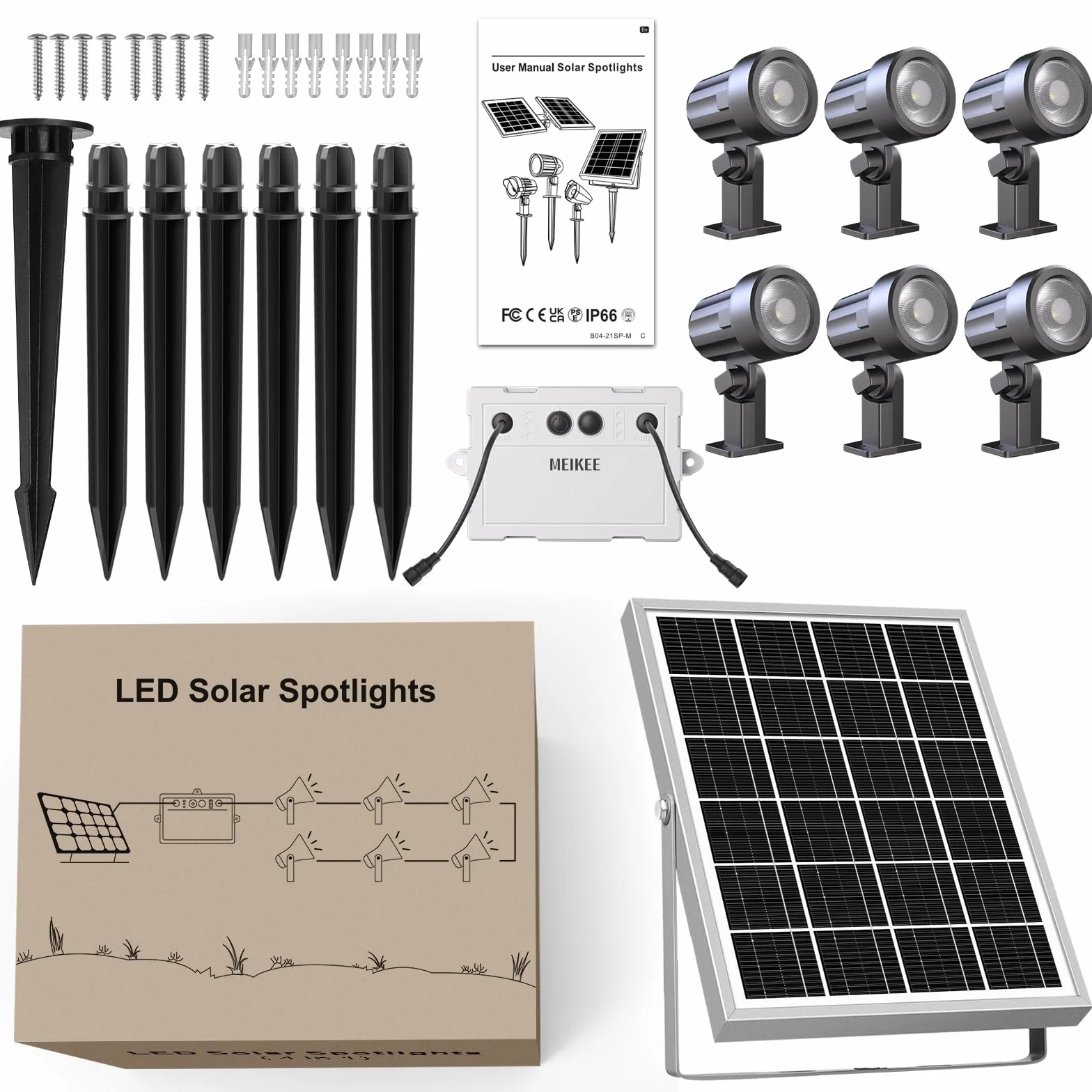 MEIKEE Lampe Solaire Exterieur IP66 3000K 6V 6W 6000mAh 3 Modes Eclairage Jardin