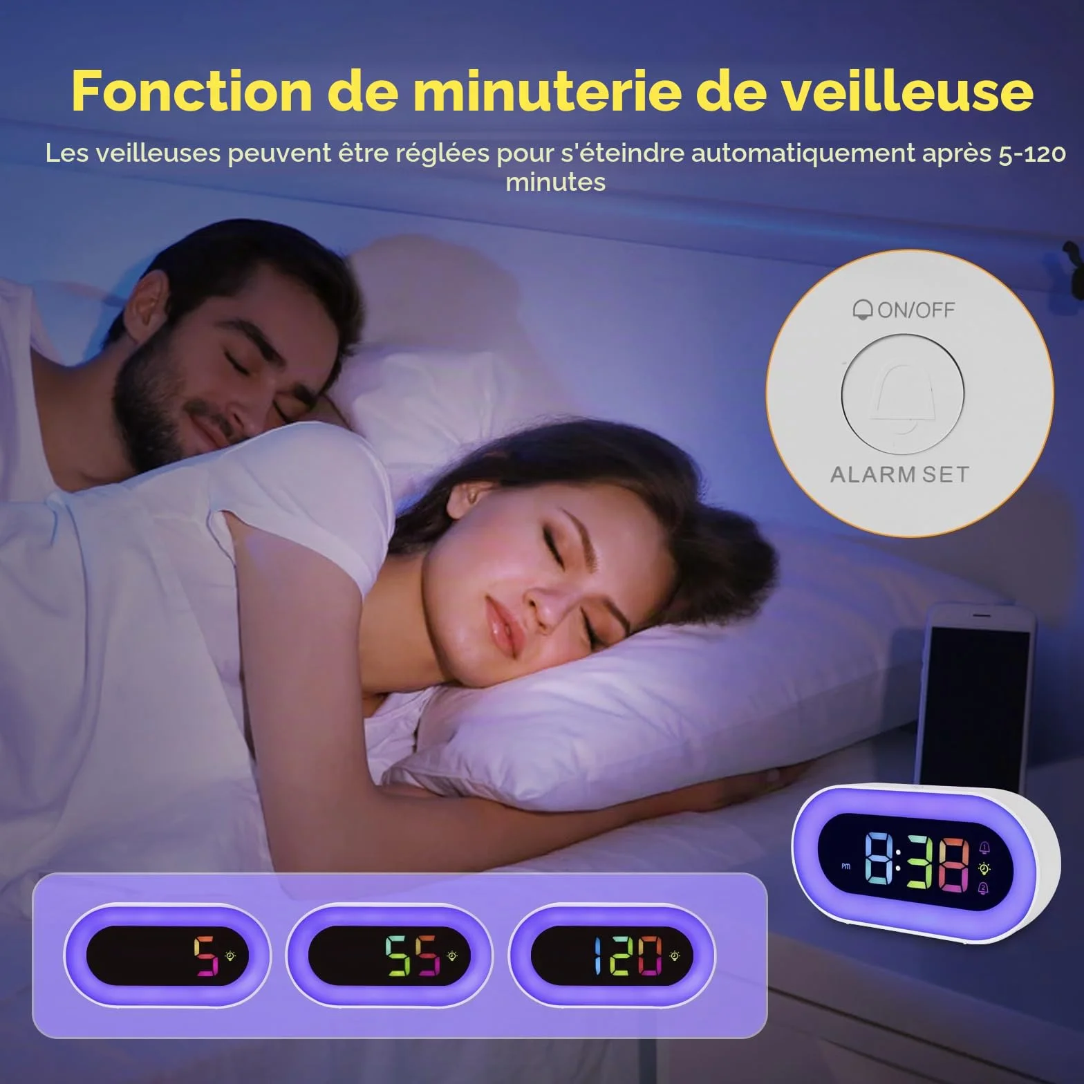 Réveil Lumineux pour Enfants Double Alarme 18 Sonneries Mode Sieste 12/24H 5 Niveaux Volume Veilleuse 9 Couleurs
