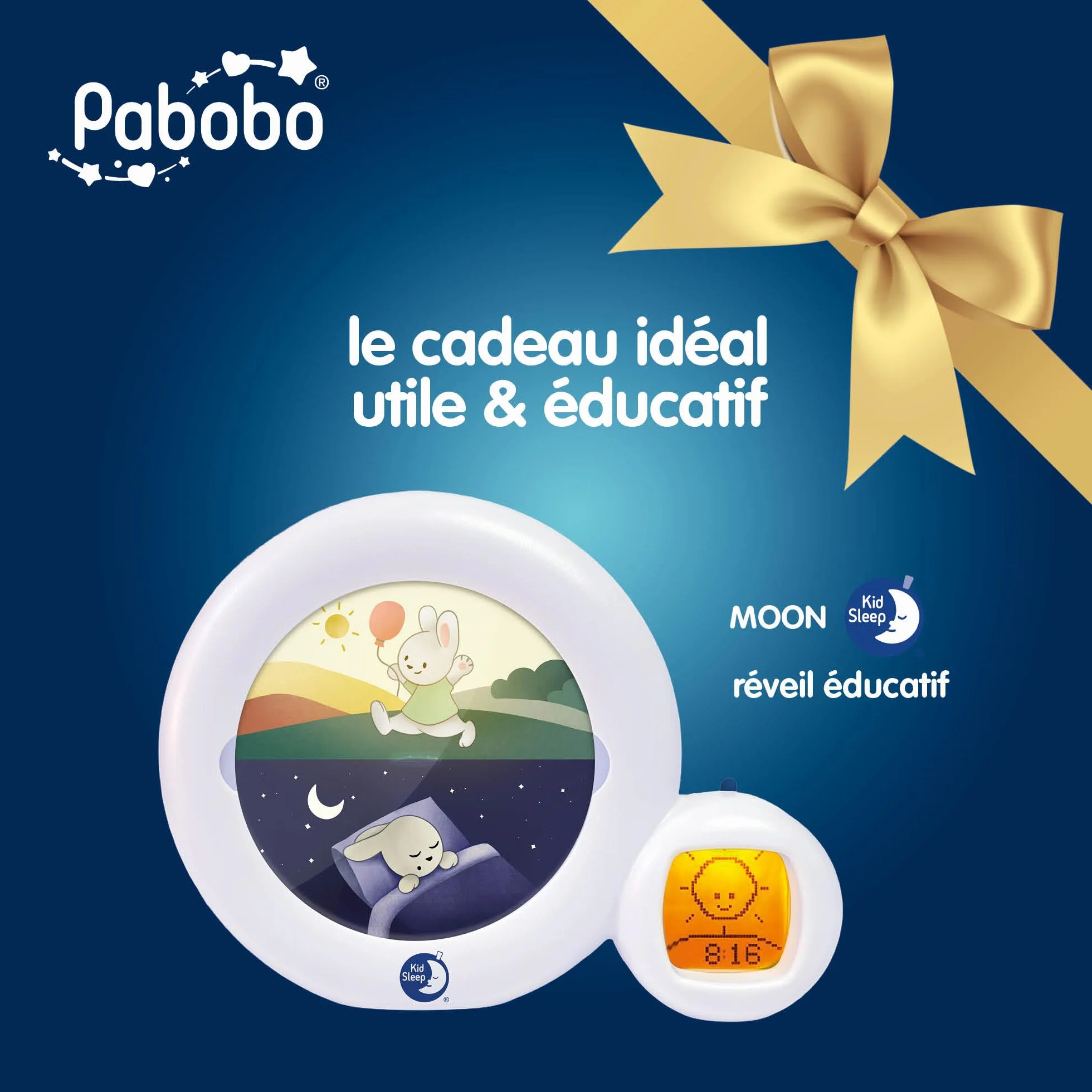 Pabobo x Kid Sleep Réveil Educatif Enfant Jour Nuit Musical Veilleuse Réveil Moon 3 en 1 Blanc