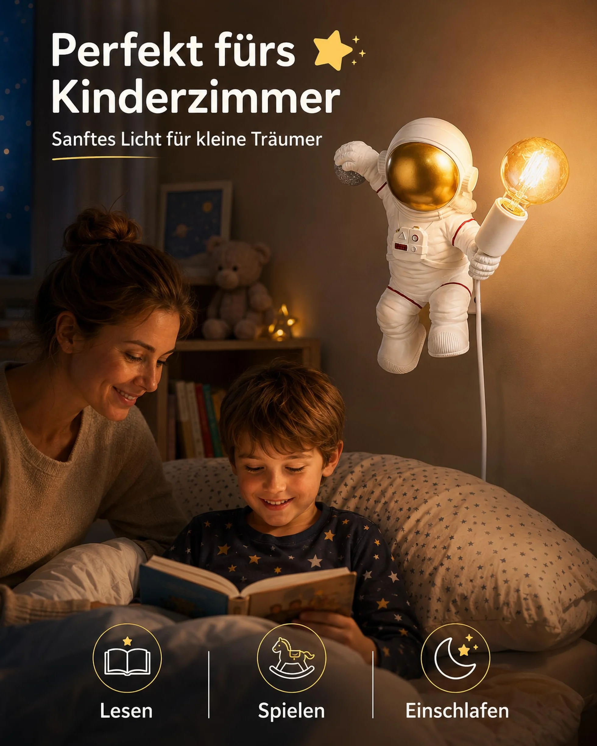 ACMHNC Applique Murale Enfant avec Interrupteur E27 Astronaute Lampe Murale Prise Câble 1,5 M Blanc