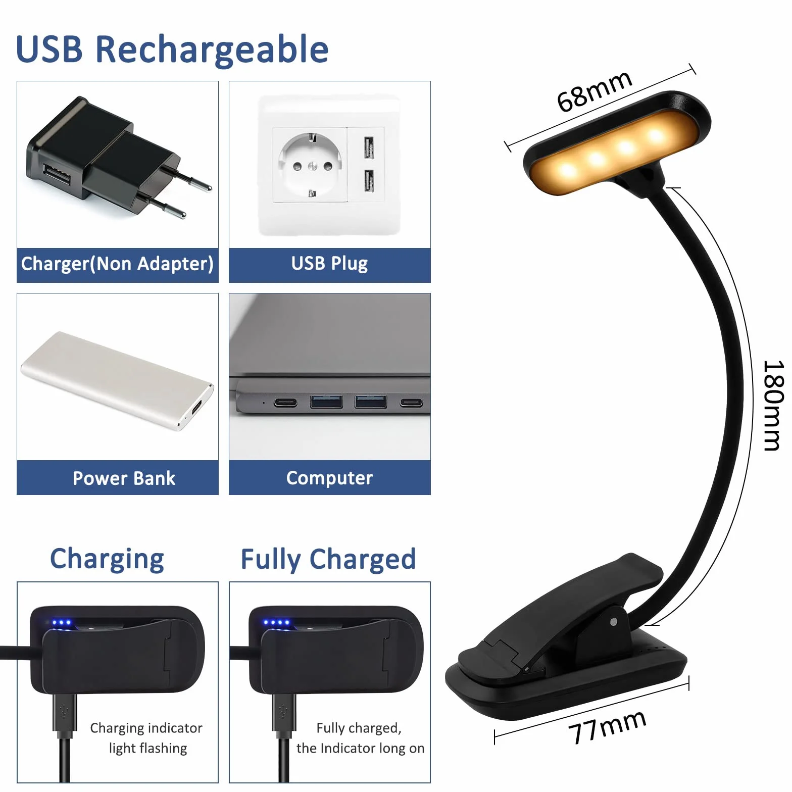 Lampe de Lecture USB Rechargeable, 3 Modes Protection des Yeux, Gradation Progressive, 360° Cou Flexible, Portable, Noir