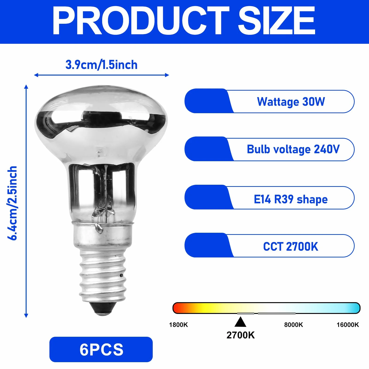 Lot de 6 Ampoules R39 E14 30W pour Lampe à Lave, Blanc Chaud 400 Lm