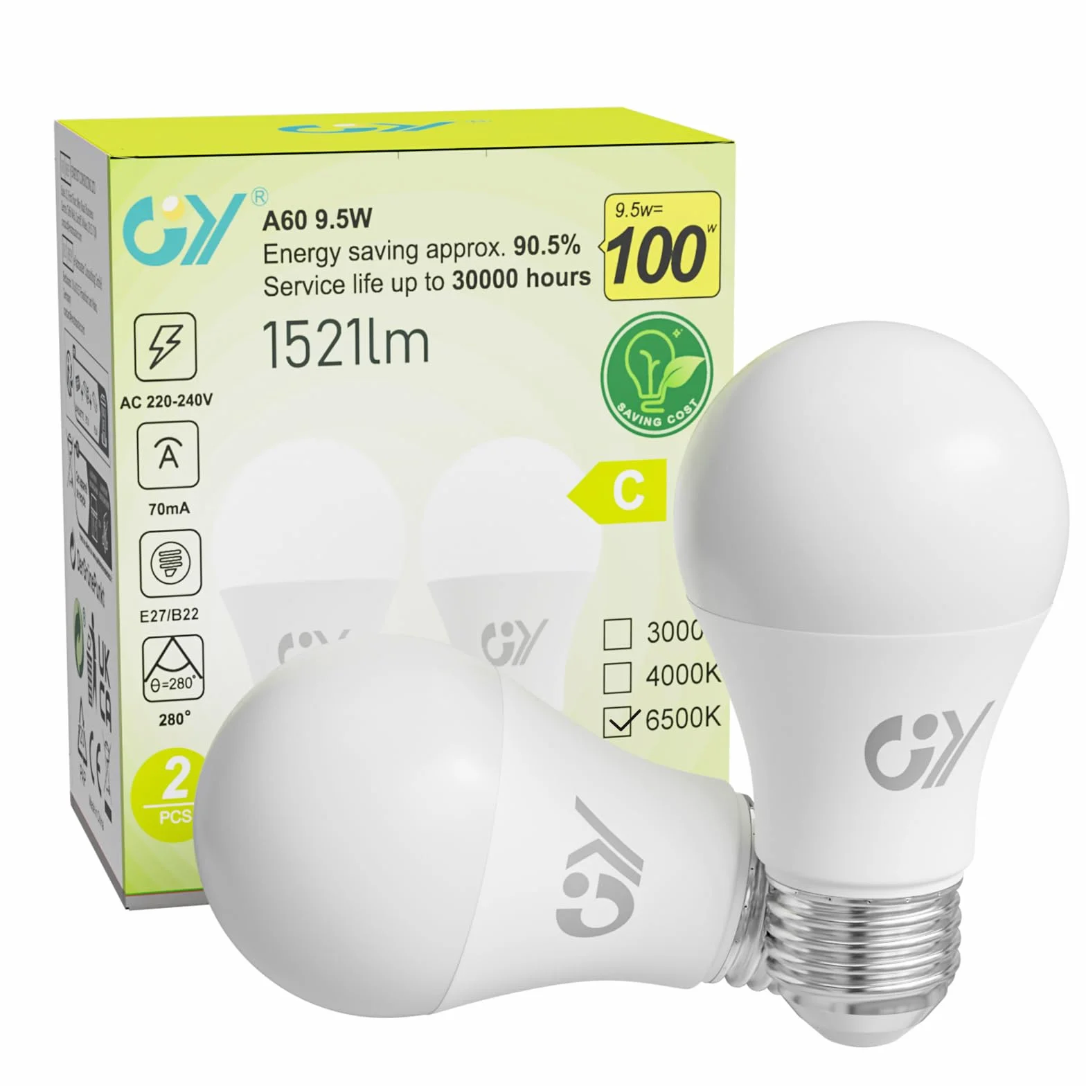 Ampoule LED E27 9.5W 6500K Blanc Froid 1521 lumens A60 Non-Dimmable Lot de 2