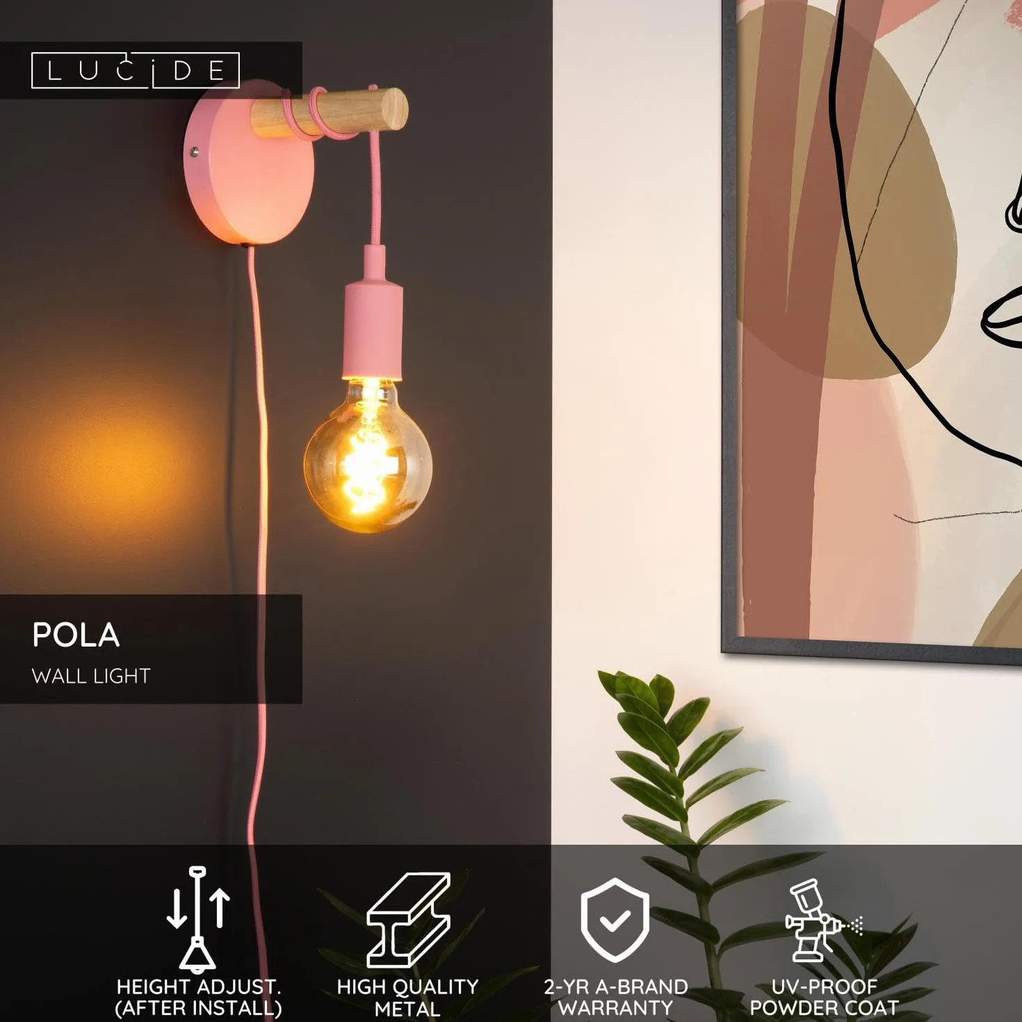 LUCIDE POLA Applique murale Rose Ø 12 cm 1xE27